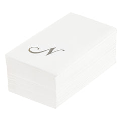 Luxenap Rectangle Silver Letter N White Paper Linen-Feel Guest Towel / Napkin - Air Laid, Cursive Font - 15 3/4