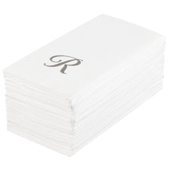 Luxenap Rectangle Silver Letter R White Paper Linen-Feel Guest Towel / Napkin - Air Laid, Cursive Font - 15 3/4