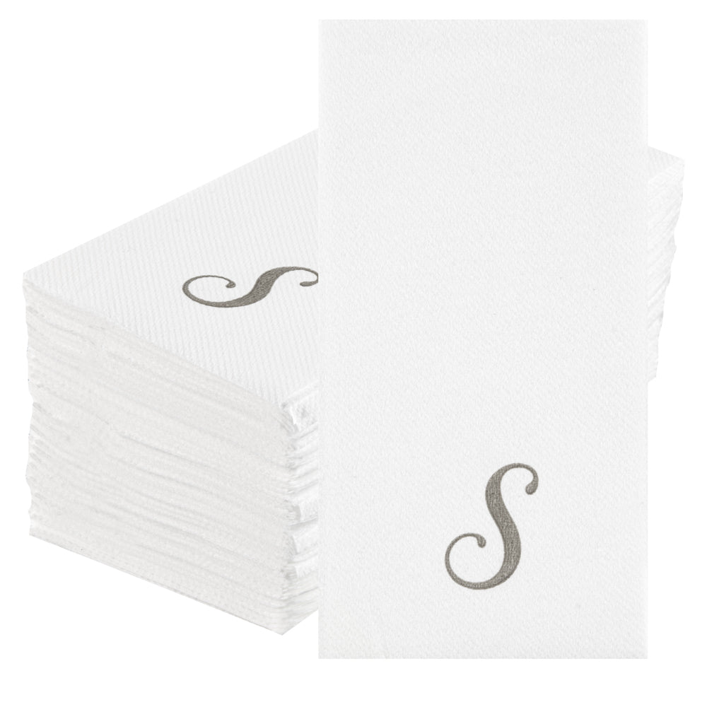 Luxenap Rectangle Silver Letter S White Paper Linen-Feel Guest Towel / Napkin - Air Laid, Cursive Font - 15 3/4" x 8" - 2000 count box