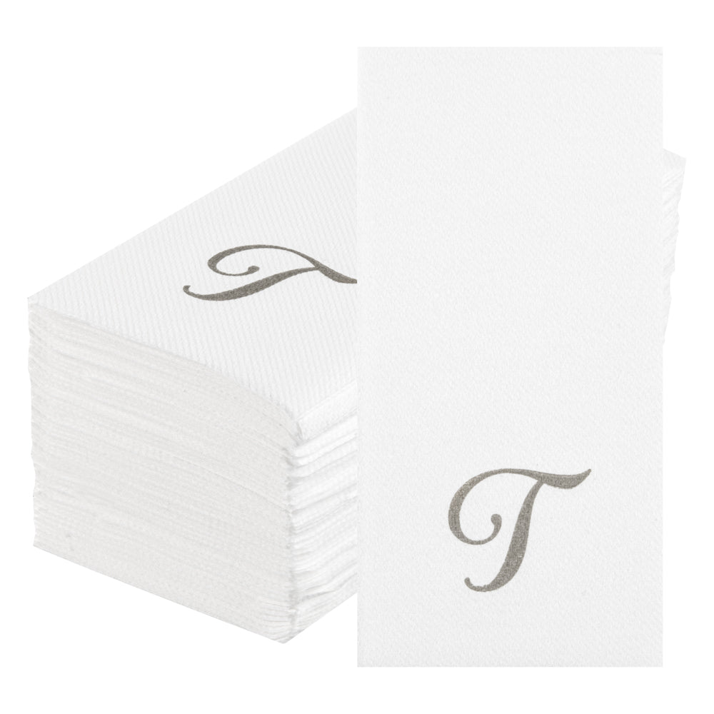 Luxenap Rectangle Silver Letter T White Paper Linen-Feel Guest Towel / Napkin - Air Laid, Cursive Font - 15 3/4" x 8" - 2000 count box