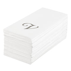 Luxenap Rectangle Silver Letter V White Paper Linen-Feel Guest Towel / Napkin - Air Laid, Cursive Font - 15 3/4