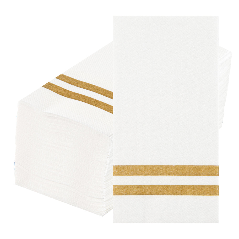 Luxenap Rectangle Gold Striped White Paper Linen-Feel Guest Towel / Napkin - Air Laid - 15 3/4" x 8" - 2000 count box