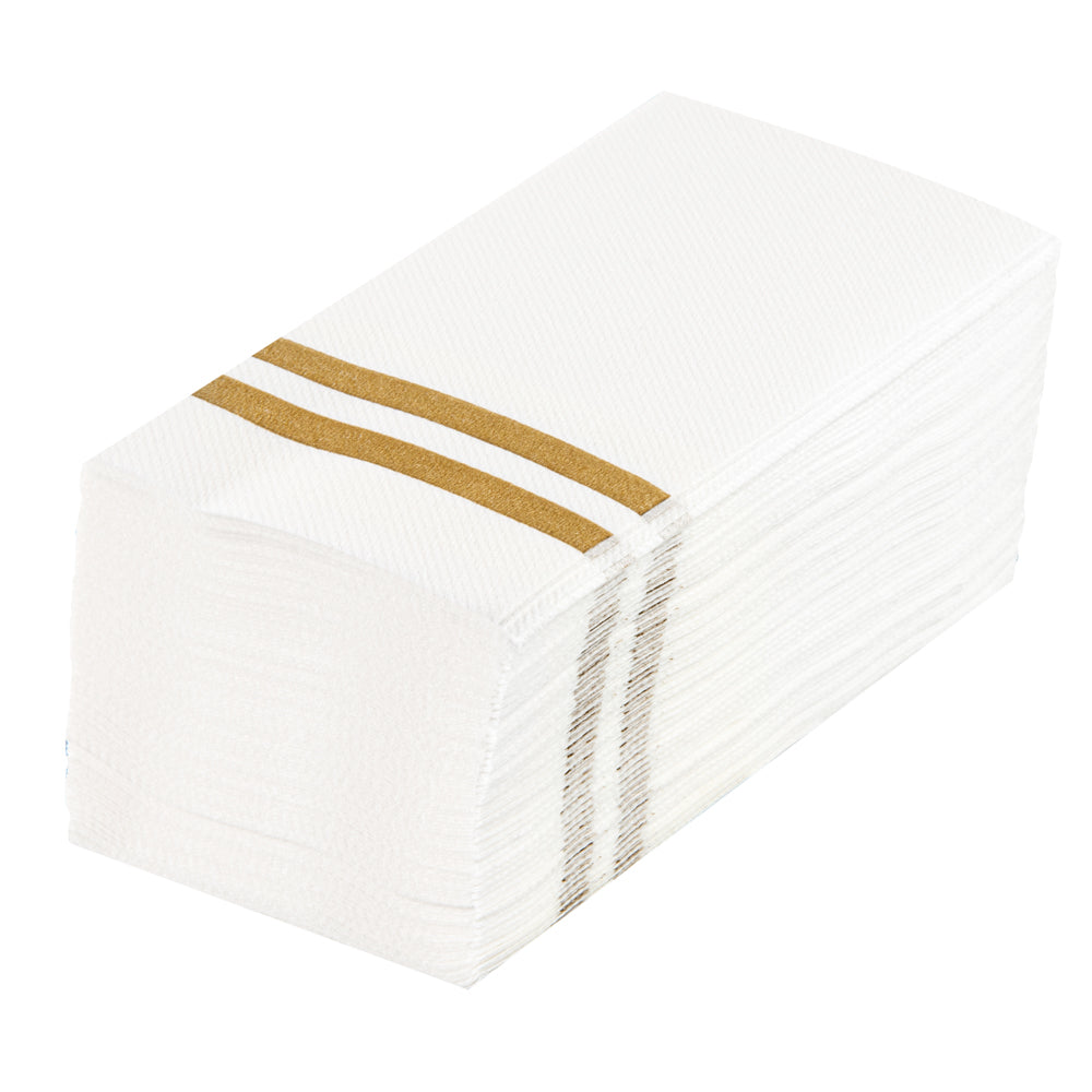 Luxenap Rectangle Gold Striped White Paper Linen-Feel Guest Towel / Napkin - Air Laid - 15 3/4" x 8" - 2000 count box