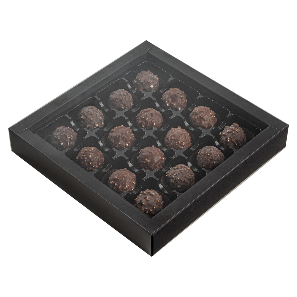 Sweet Vision Square Black Paper Candy / Chocolate Boxes - 16 Compartments - 9" x 9" x 1 1/2" - 100 count box