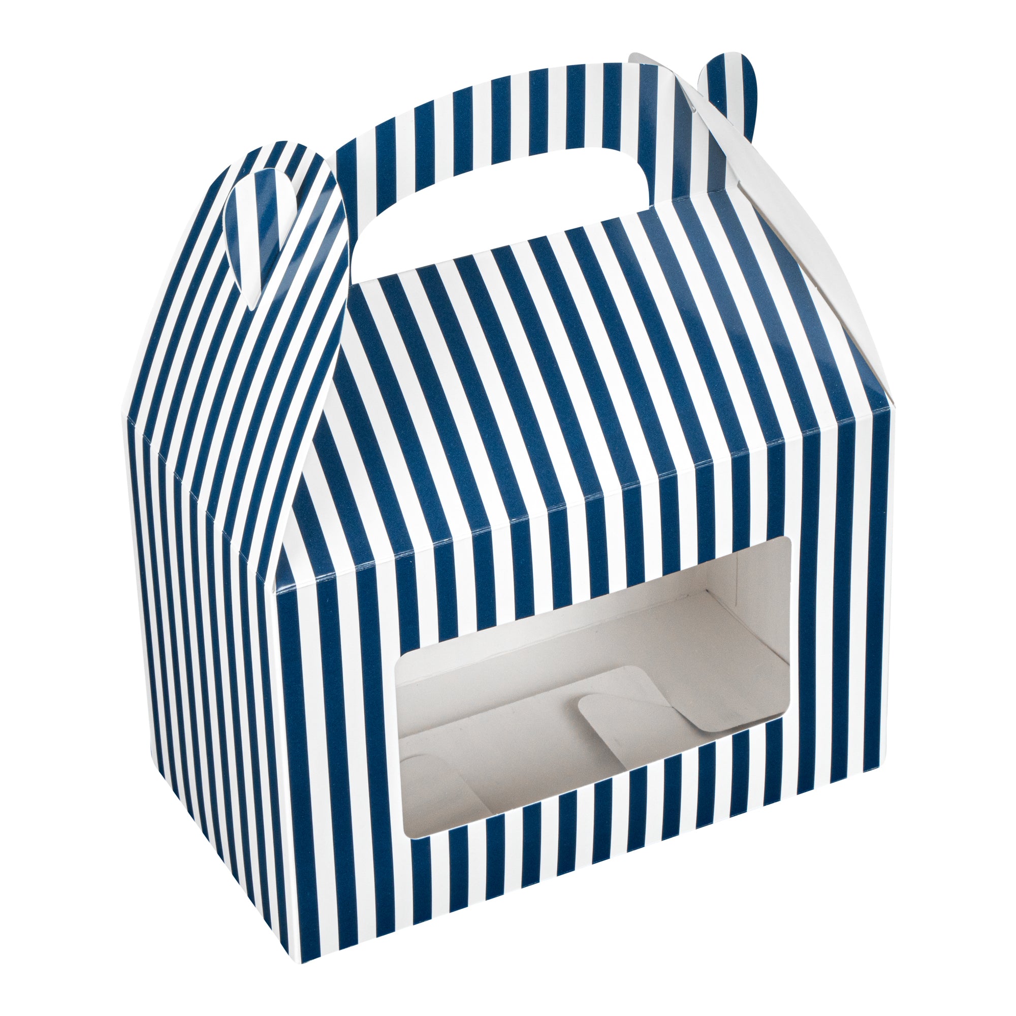 Bio Tek Blue & White Stripe Paper Gable Box / Lunch Box - with Window - 8 1/2" x 4 3/4" x 5 1/2" - 100 count box