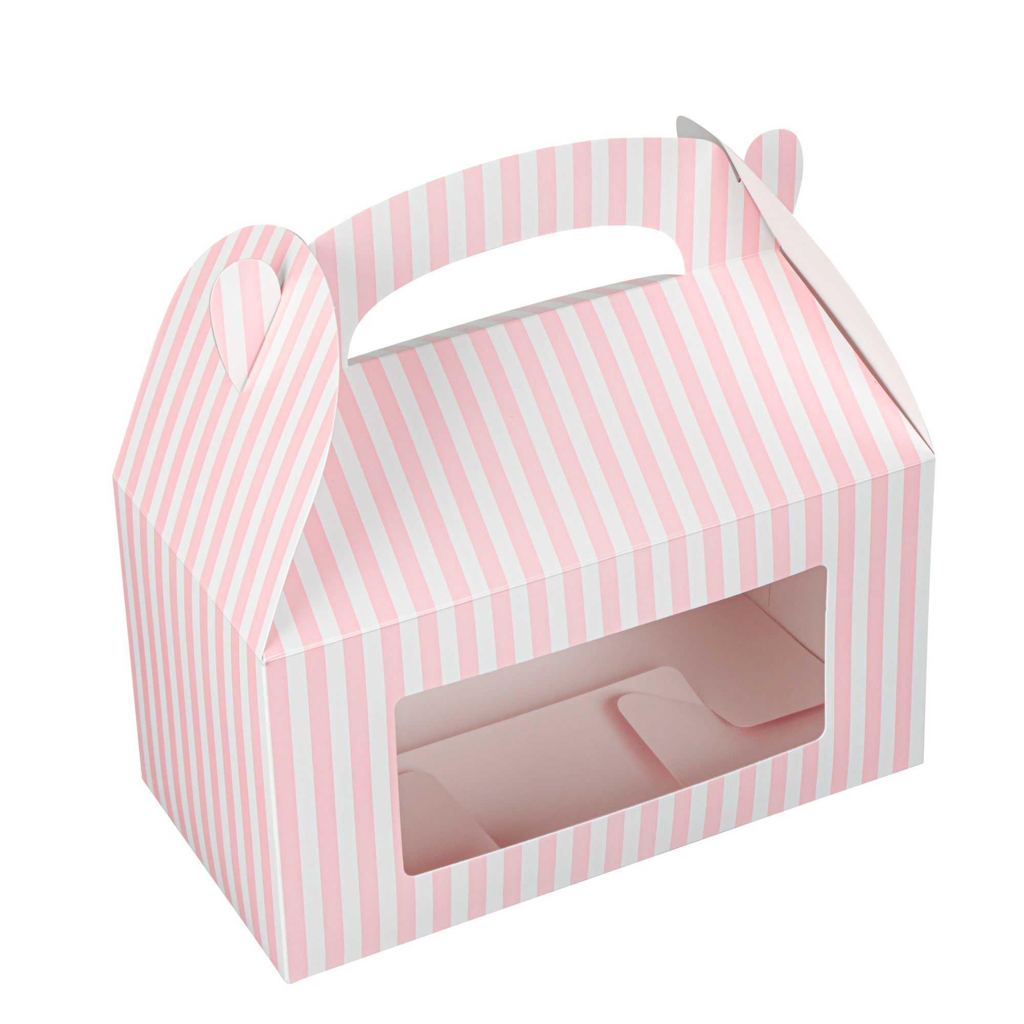 Bio Tek Pink & White Stripe Paper Gable Box / Lunch Box - with Window - 9 1/2" x 5" x 5" - 100 count box