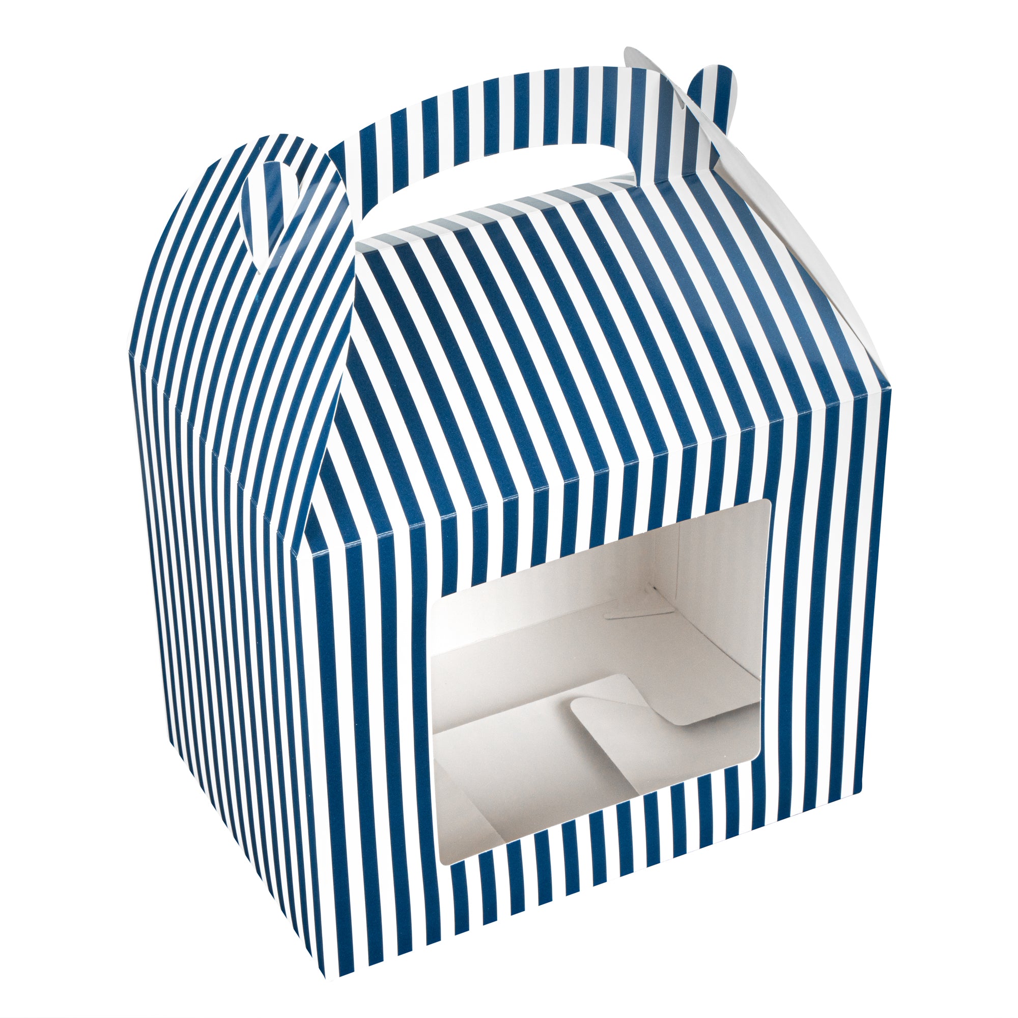 Bio Tek Blue & White Stripe Paper Gable Box / Lunch Box - with Window - 10" x 7" x 8" - 100 count box