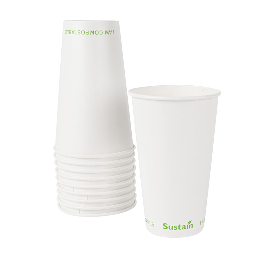 Sustain 16 oz White Paper Cold Cup - PLA Lining, Compostable - 3 1/2" x 3 1/2" x 5 1/2" - 1000 count box