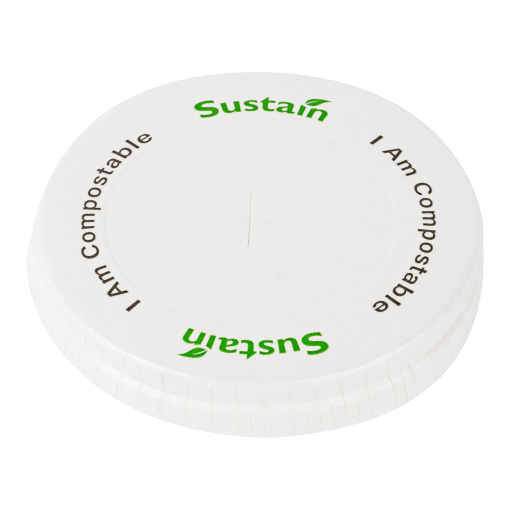 Sustain White Paper Cold Cup Flat Lid - Fits 9, 12, 16, 20 and 22 oz, PLA Lining, Compostable - 1000 count box