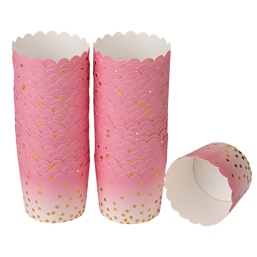 Panificio 4.5 oz Pink Paper Scalloped Baking Cup - Gold Polka Dots - 2 3/4" x 2 3/4" x 2" - 500 count box