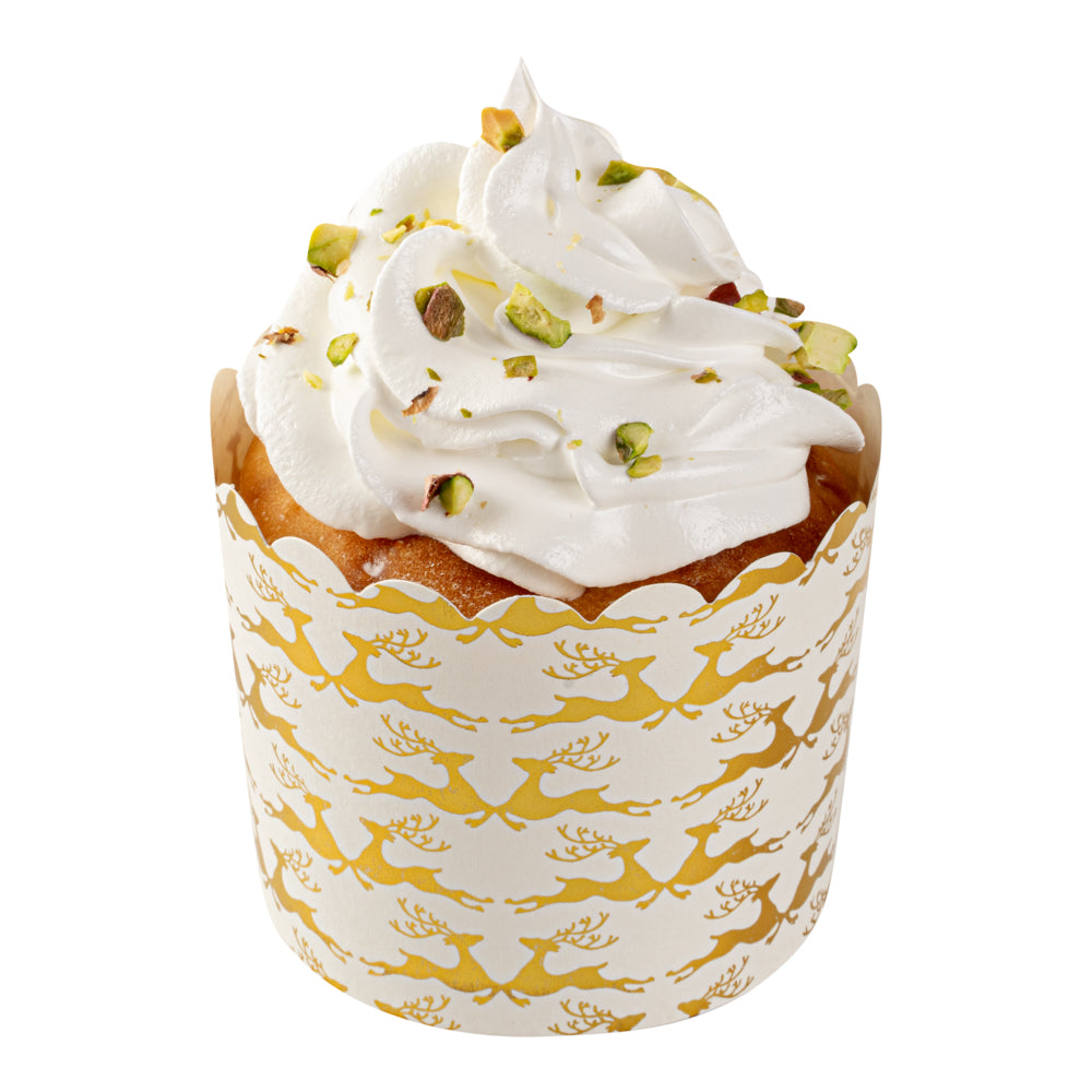 Panificio 4.5 oz White Paper Scalloped Baking Cup - Gold Reindeer - 2 3/4" x 2 3/4" x 2" - 500 count box