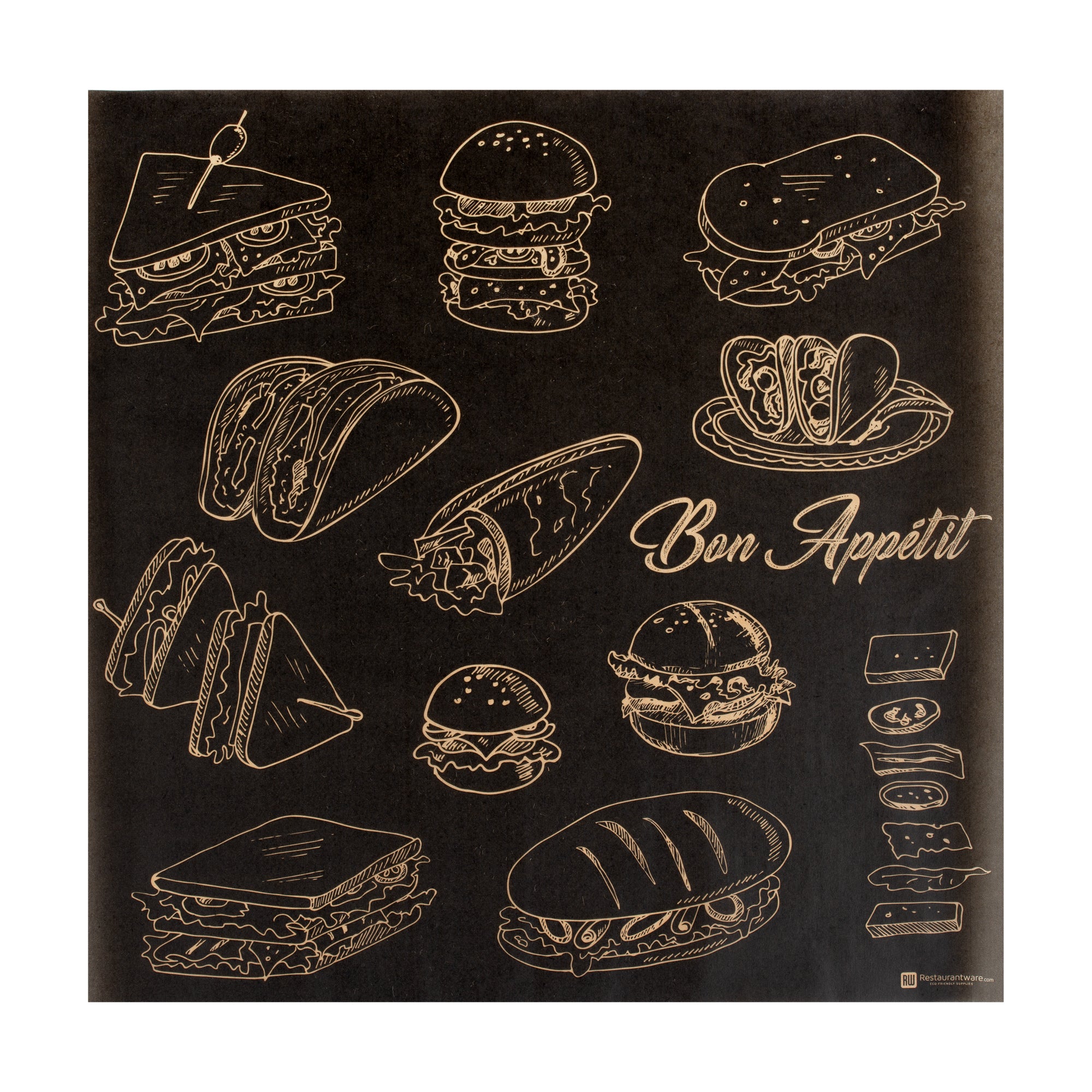 RW Base No PFAS Added Black Paper Bakery Wrap and Basket Liner - Bon Appetit, Greaseproof - 12" x 12" - 2000 count box