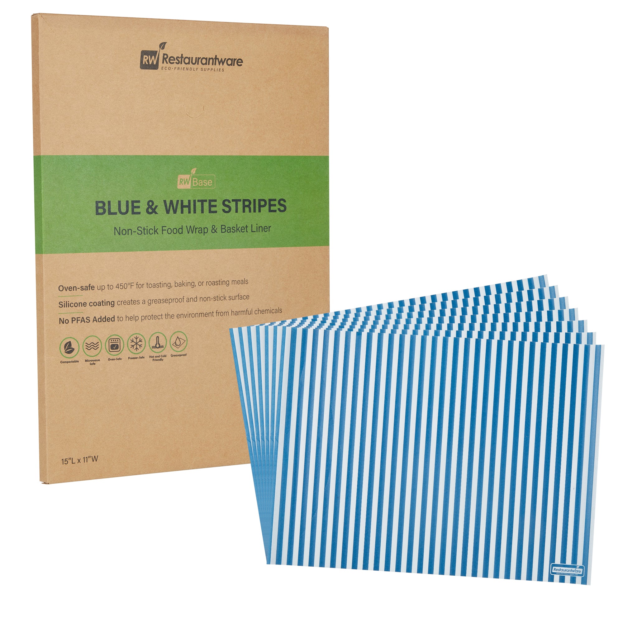 RW Base No PFAS Added Blue and White Stripe Paper Food Wrap and Basket Liner - Greaseproof - 15" x 11" - 2000 count box