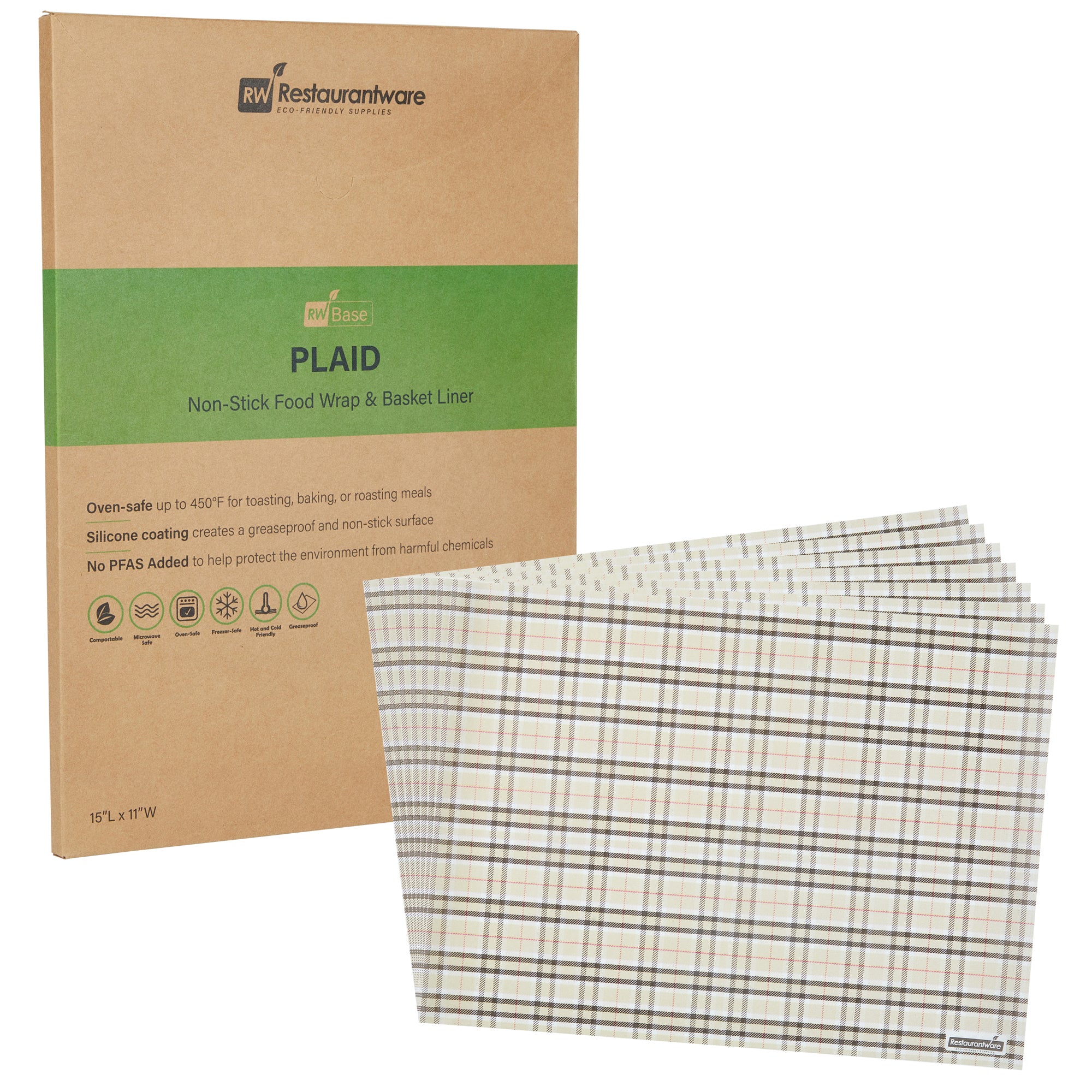 RW Base No PFAS Added Plaid Paper Food Wrap and Basket Liner - Greaseproof, Compostable - 15" x 11" - 2000 count box