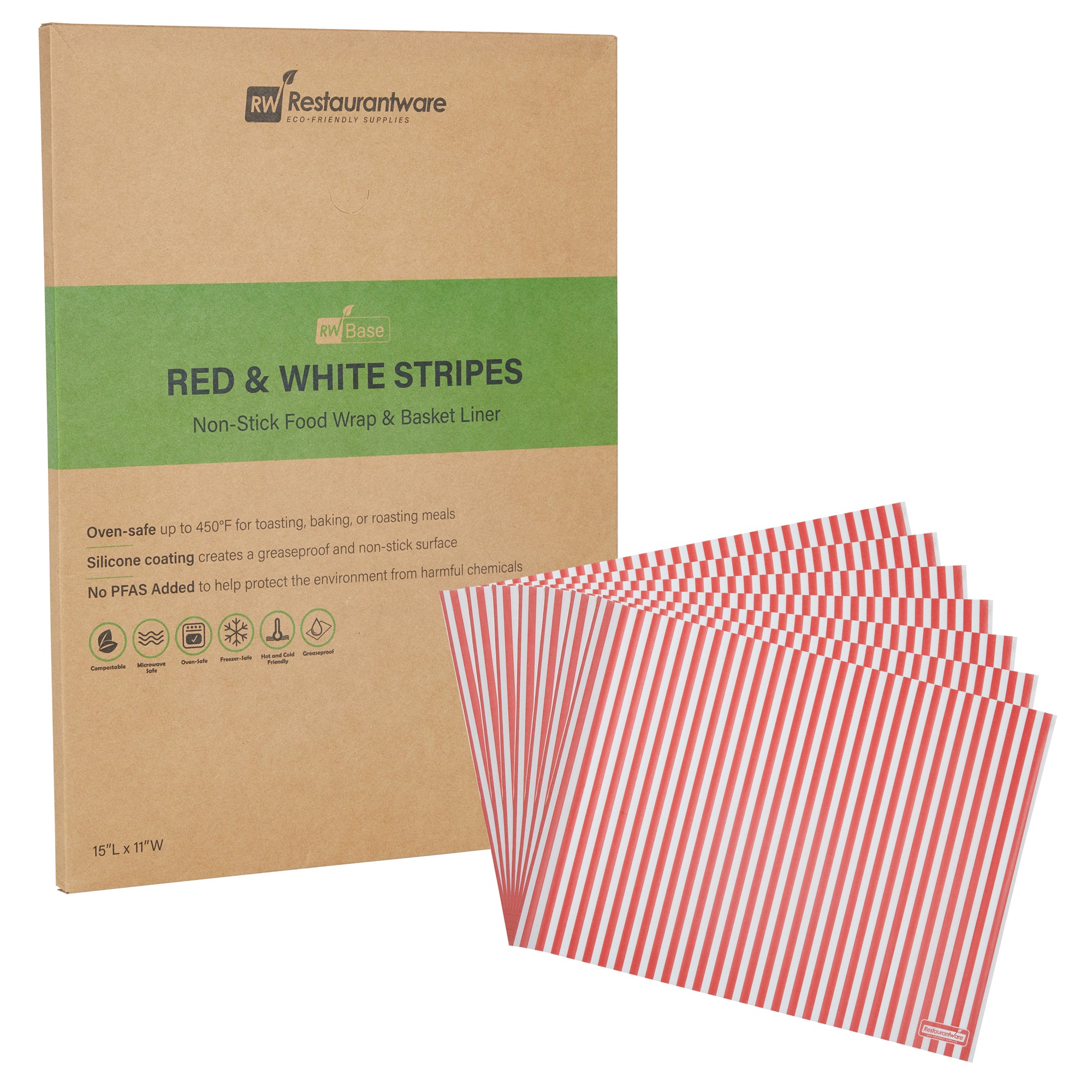 RW Base No PFAS Added Red and White Stripe Paper Food Wrap and Basket Liner - Greaseproof, Compostable - 15" x 11" - 2000 count box