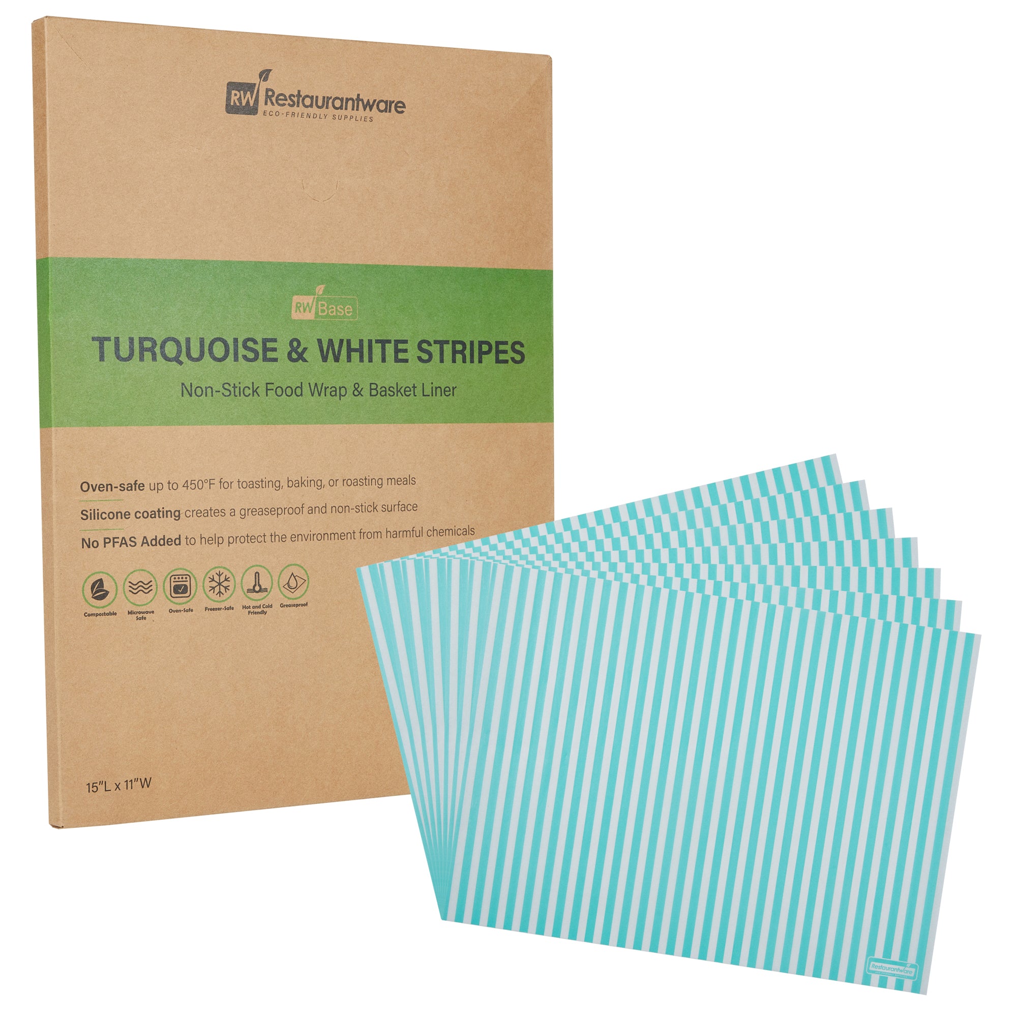 RW Base No PFAS Added Turquoise and White Stripe Paper Food Wrap and Basket Liner - Greaseproof, Compostable - 15" x 11" - 2000 count box