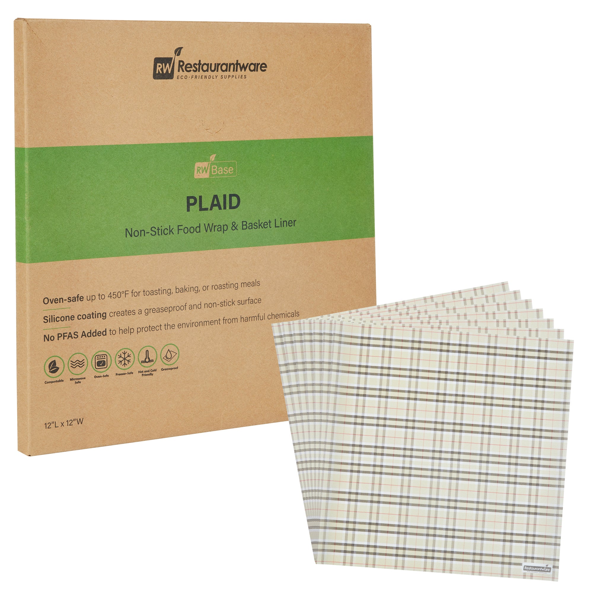 RW Base No PFAS Added Plaid Paper Bakery Wrap and Basket Liner - Greaseproof - 12" x 12" - 2000 count box