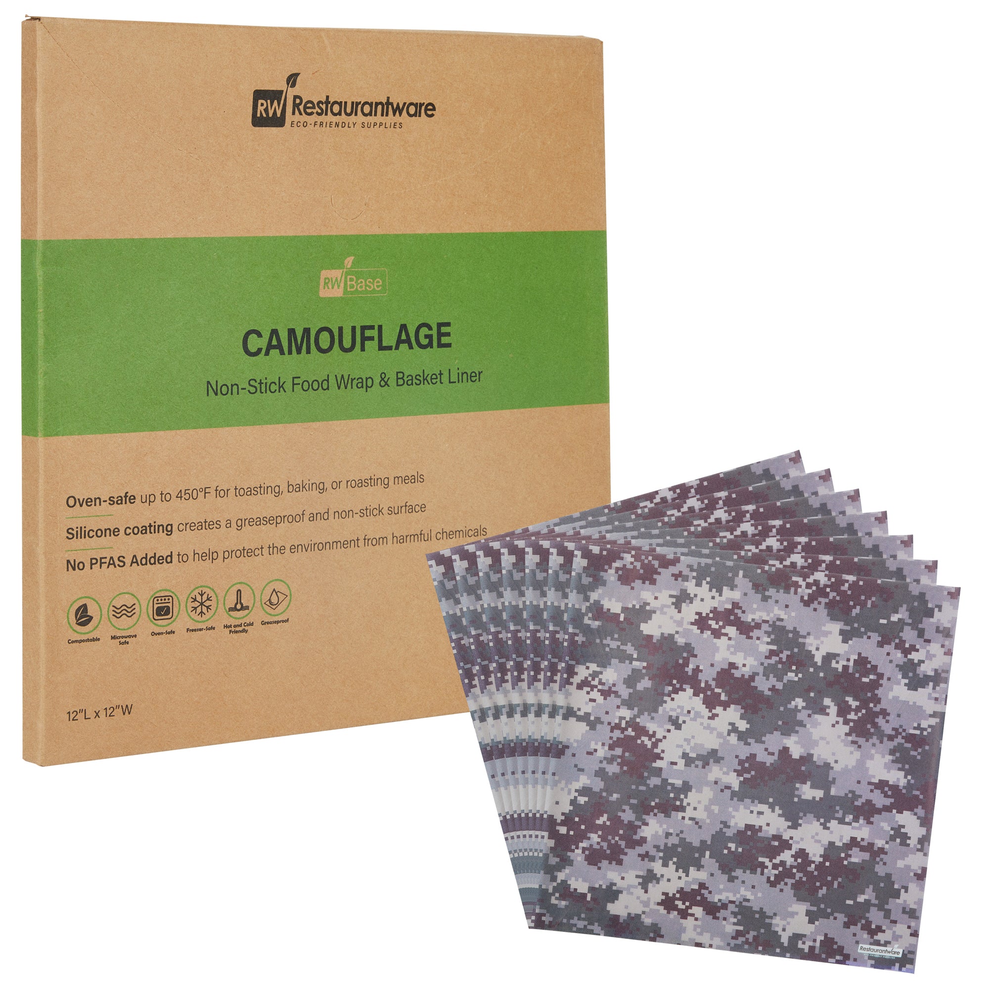 RW Base No PFAS Added Camouflage Paper Bakery Wrap and Basket Liner - Greaseproof - 12" x 12" - 2000 count box