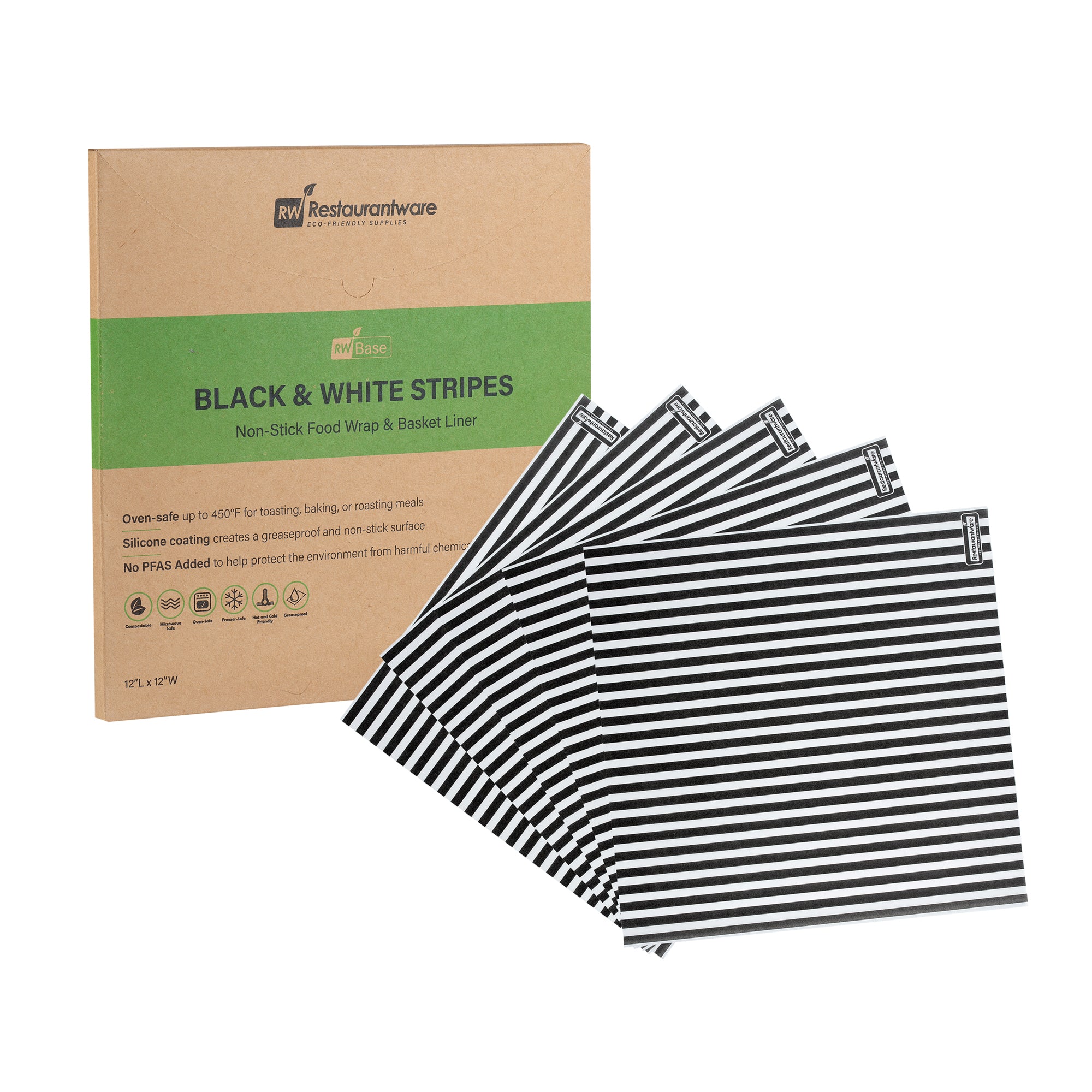 RW Base No PFAS Added Black and White Stripe Paper Bakery Wrap and Basket Liner - Greaseproof - 12" x 12" - 2000 count box