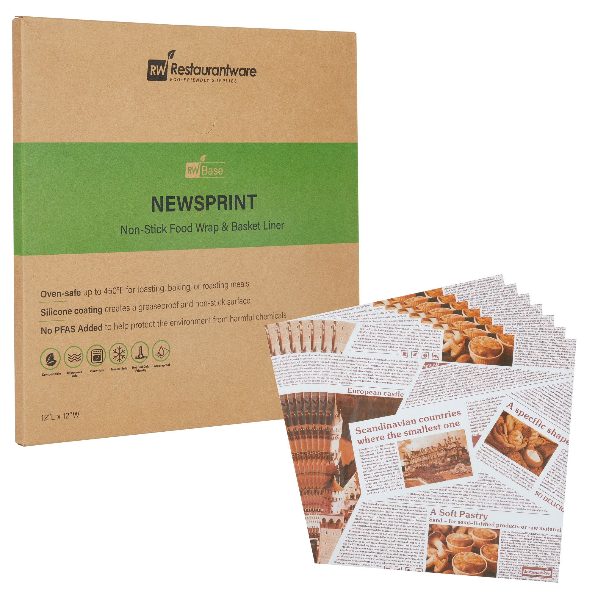 RW Base No PFAS Added Newsprint Paper Bakery Wrap and Basket Liner - Greaseproof - 12" x 12" - 2000 count box