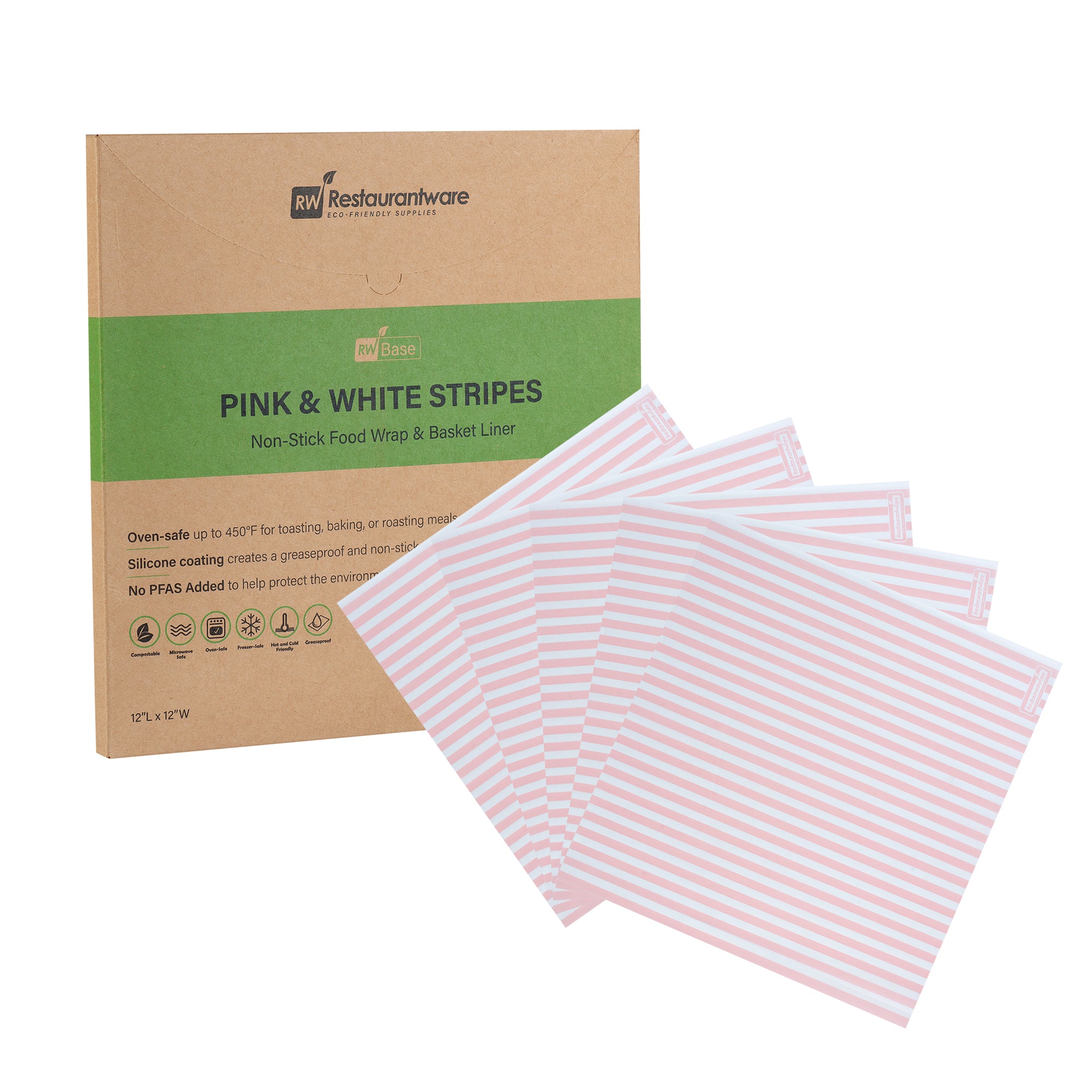 RW Base No PFAS Added Pink and White Stripe Paper Bakery Wrap and Basket Liner - Greaseproof - 12" x 12" - 2000 count box