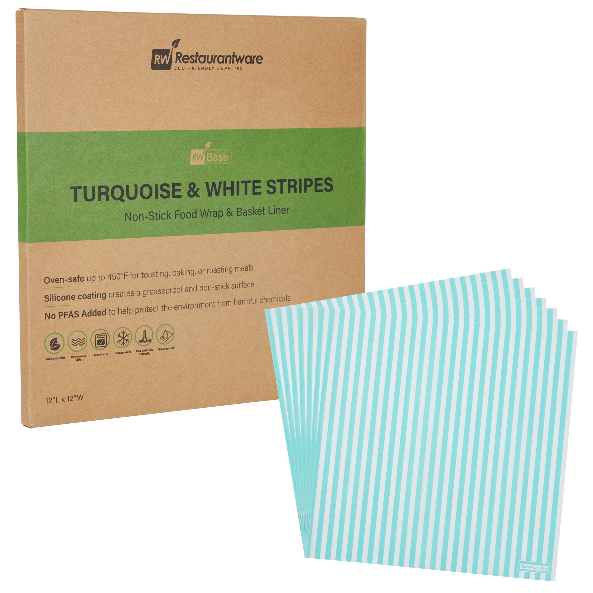 RW Base No PFAS Added Turquoise and White Stripe Paper Bakery Wrap and Basket Liner - Greaseproof - 12" x 12" - 2000 count box