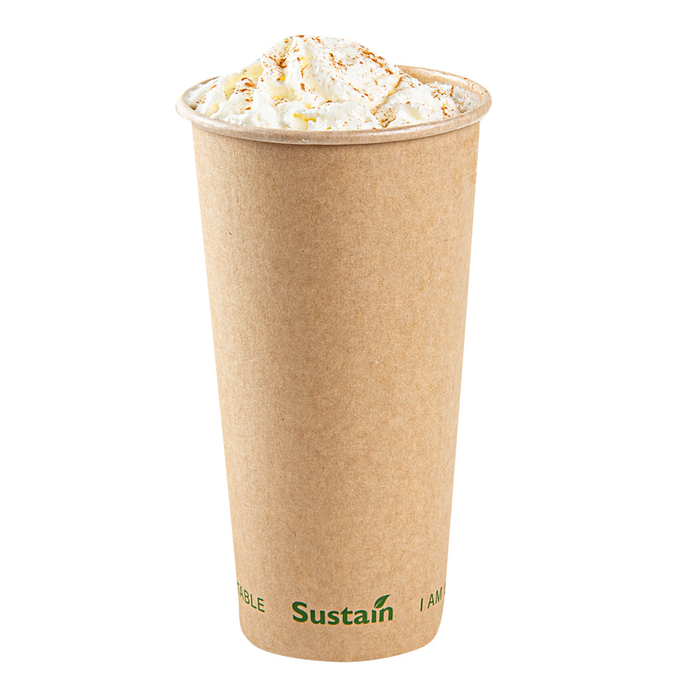 Sustain 20 oz Kraft Paper Coffee Cup - PLA Lining, Compostable, Single Wall - 3 1/2" x 3 1/2" x 6 1/4" - 1000 count box