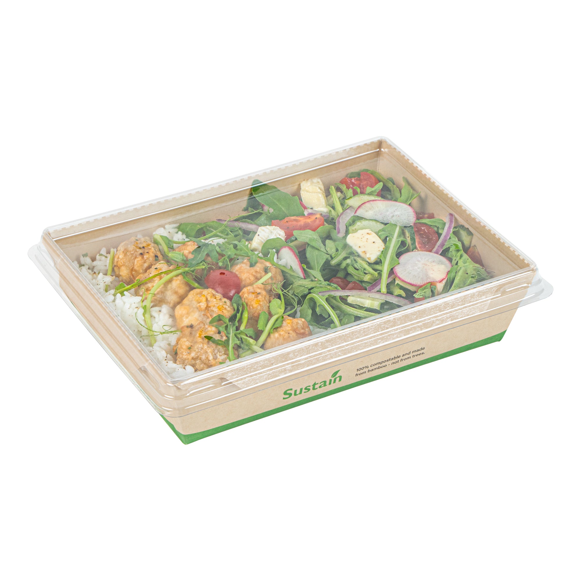 Sustain 34 oz Bamboo Paper Medium Click Lock Container - with PLA Lining, Compostable - 7 1/2" x 5 1/2" x 1 3/4" - 200 count box