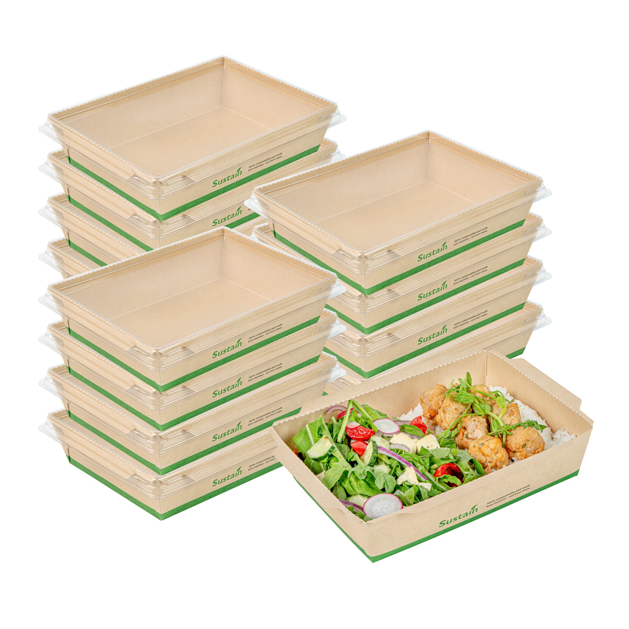 Sustain 34 oz Bamboo Paper Medium Click Lock Container - with PLA Lining, Compostable - 7 1/2" x 5 1/2" x 1 3/4" - 200 count box