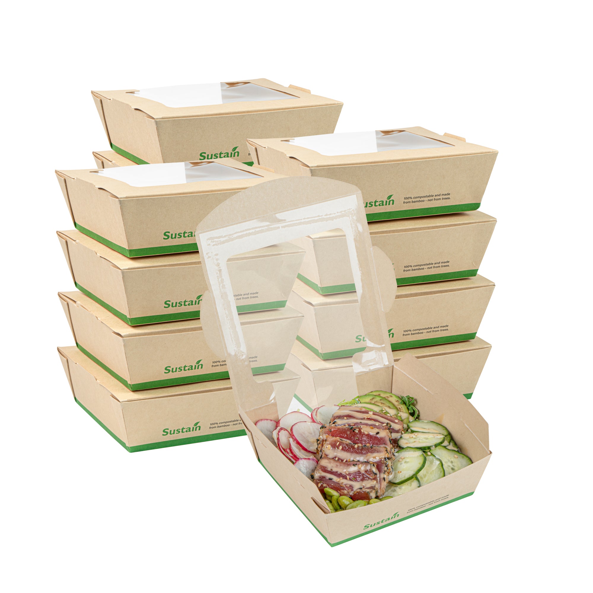 Sustain 26 oz Bamboo Paper Medium Bio Salad Box - with PLA Lining and Window, Compostable - 5 3/4" x 5 3/4" x 1 3/4" - 200 count box