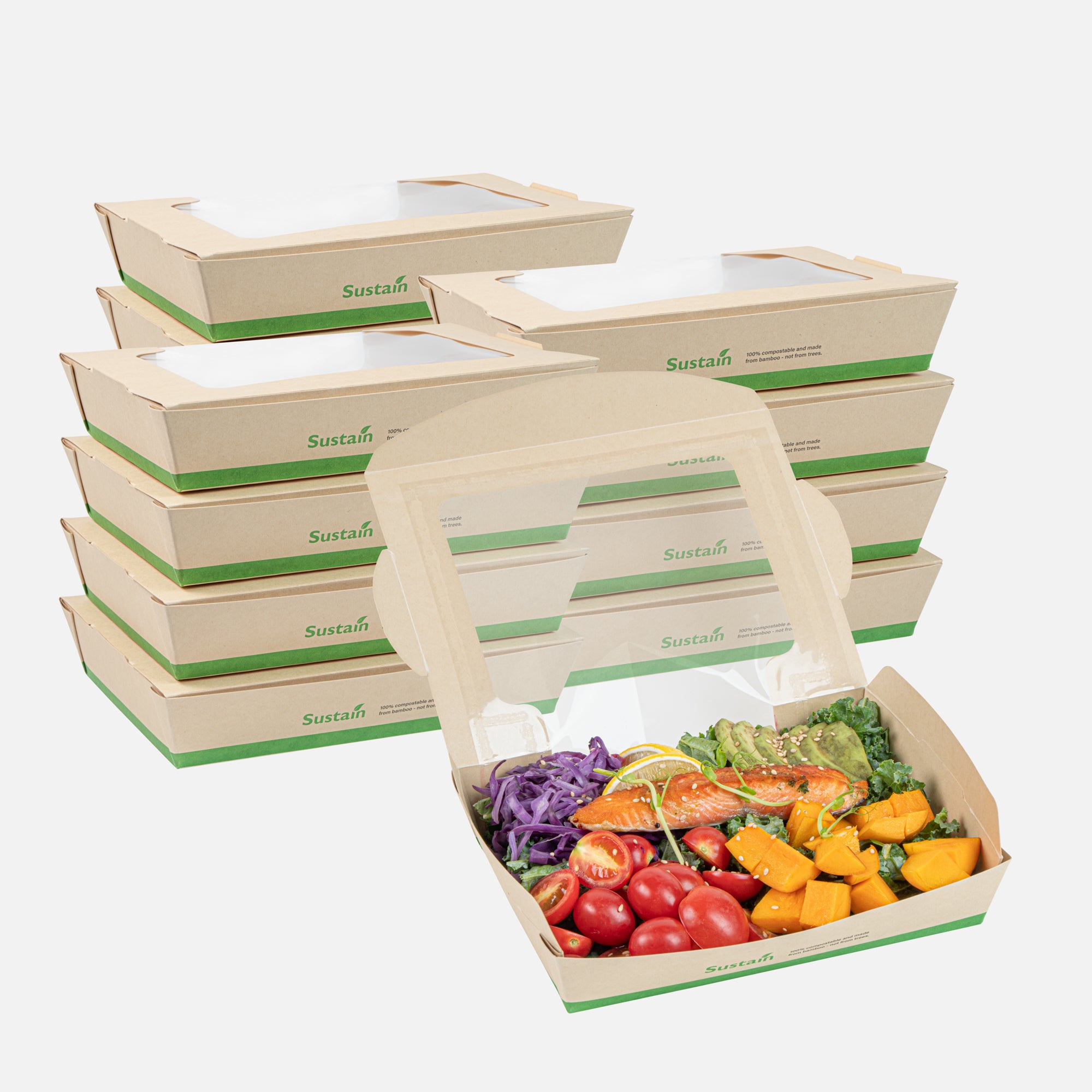 Sustain 40 oz Bamboo Paper Large Bio Salad Box - with PLA Lining and Window, Compostable - 8 1/4" x 6 1/4" x 1 1/2" - 200 count box