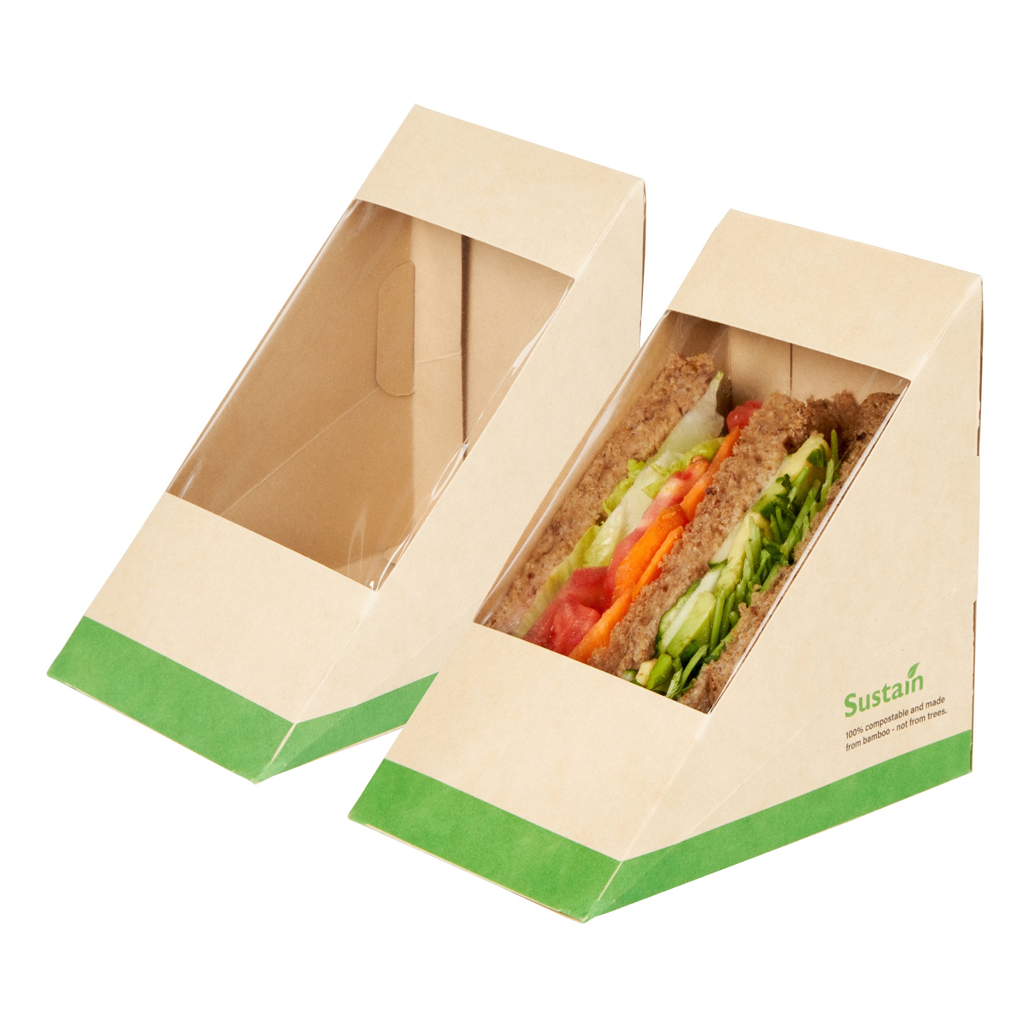 Sustain Bamboo Paper Large Sandwich Box - with PLA Lining and Window, Compostable - 4 3/4" x 4 3/4" x 3 1/4" - 200 count box