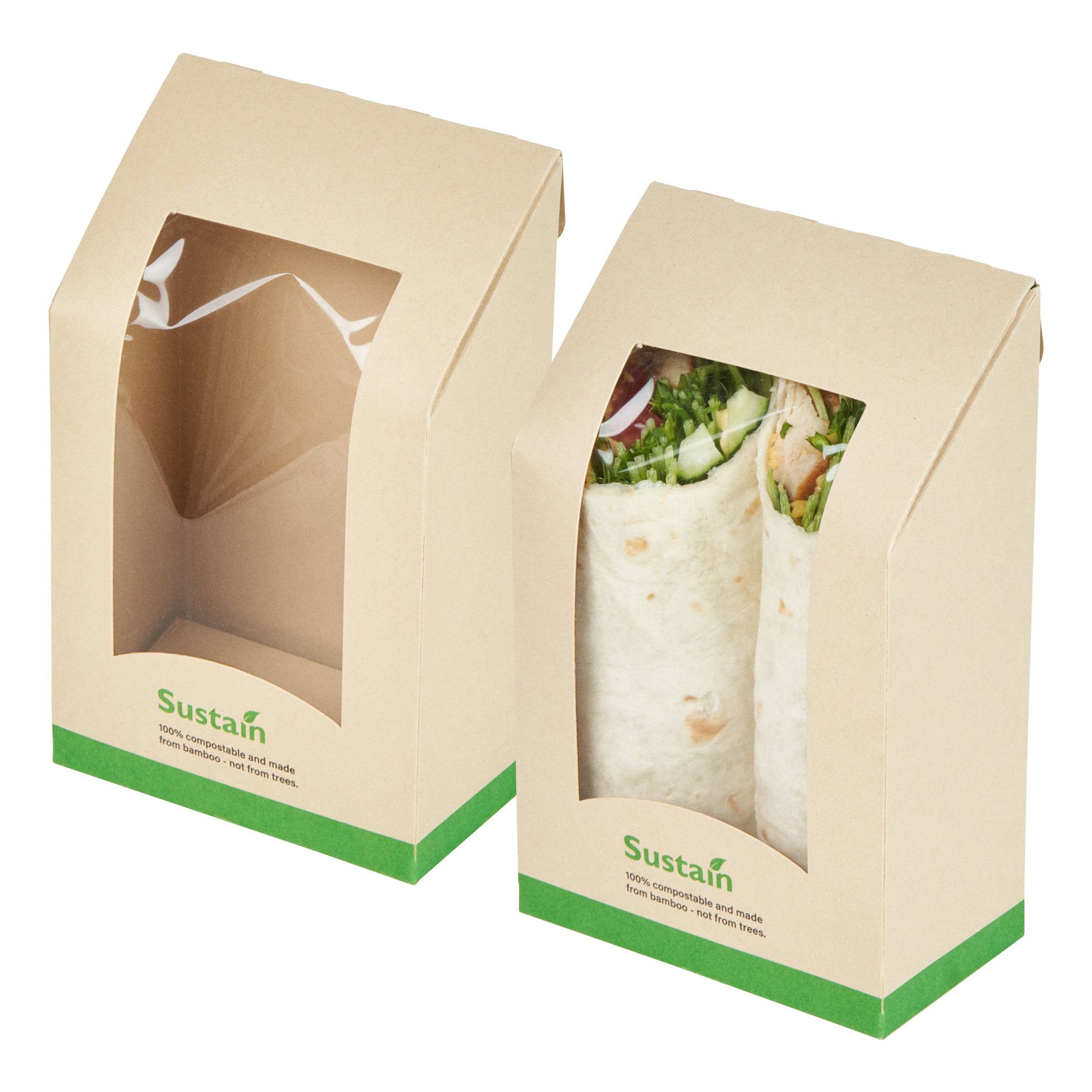 Sustain Bamboo Paper Sandwich / Wrap Take Out Container - with PLA Lining and Window, Compostable - 6" x 3 3/4" x 2" - 200 count box