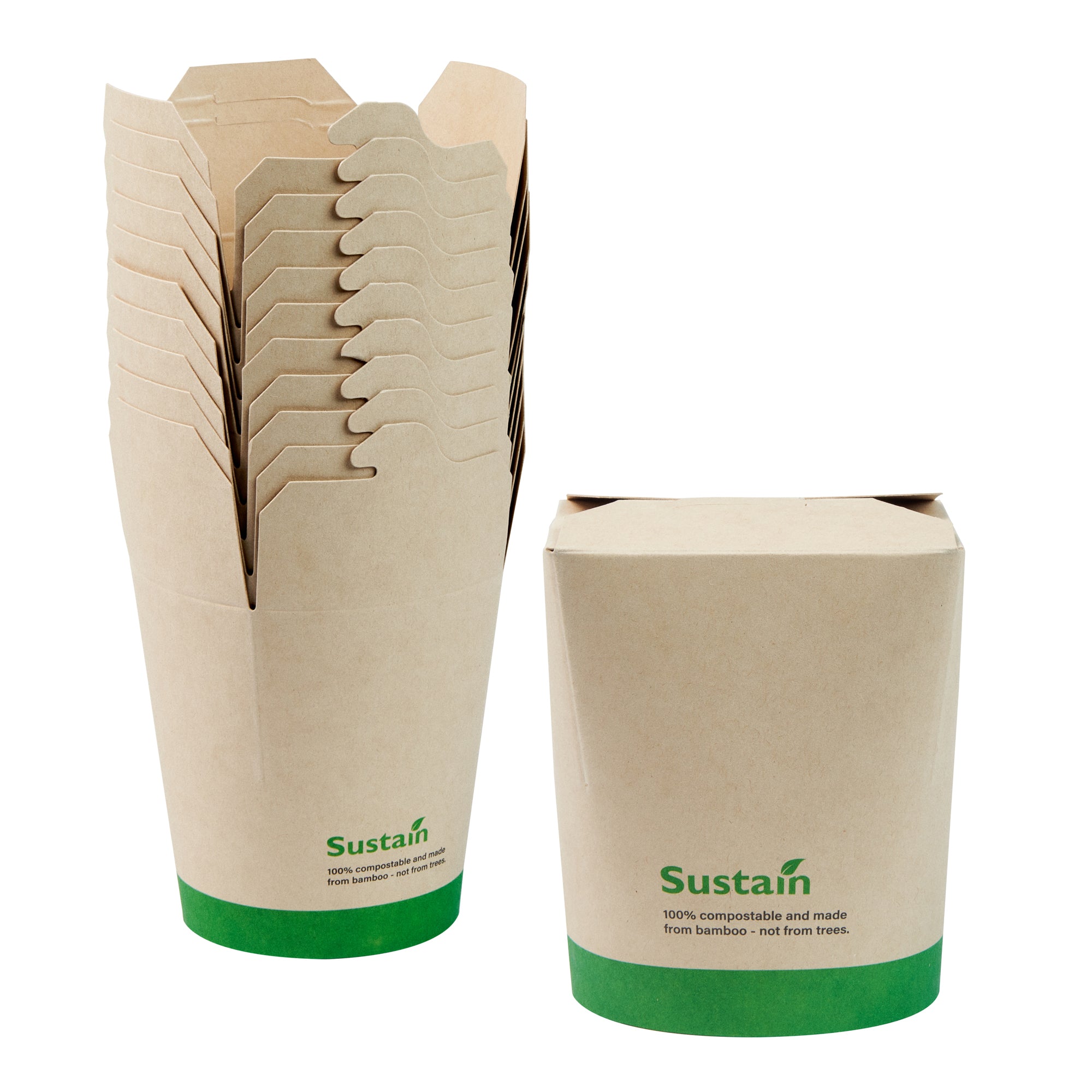 Sustain 16 oz Round Bamboo Paper Noodle Take Out Container - with PLA Lining, Compostable - 3 1/4" x 3" x 4" - 200 count box