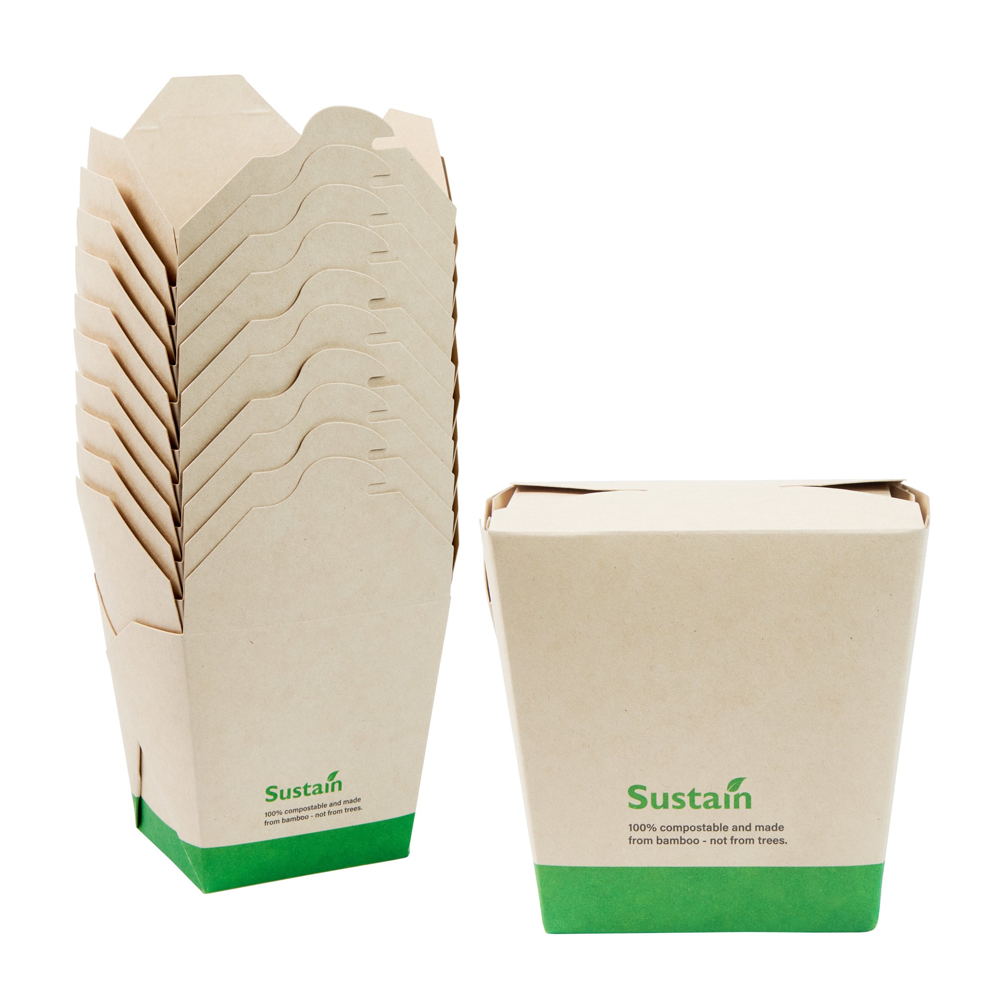 Sustain 26 oz Square Bamboo Paper Noodle Take Out Container - with PLA Lining, Compostable - 4" x 3 1/2" x 4" - 200 count box