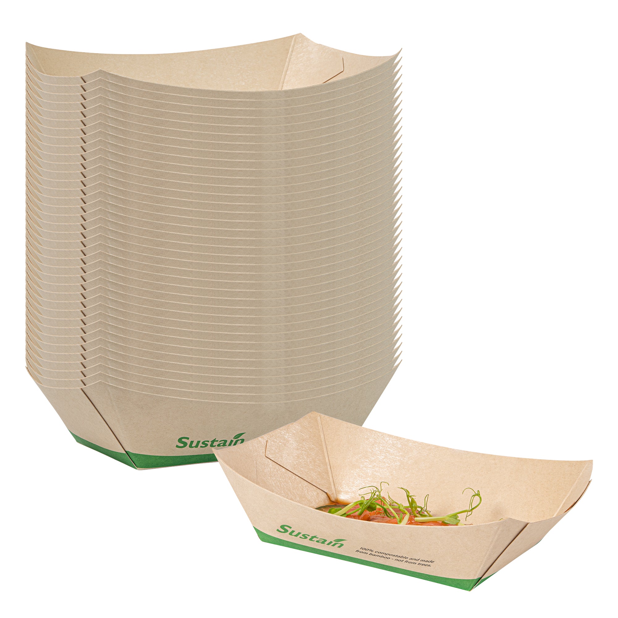 Sustain 1/2 lb Bamboo Paper #50 Boat - with PLA Lining, Compostable - 4 1/4" x 2 3/4" x 1 1/2" - 400 count box