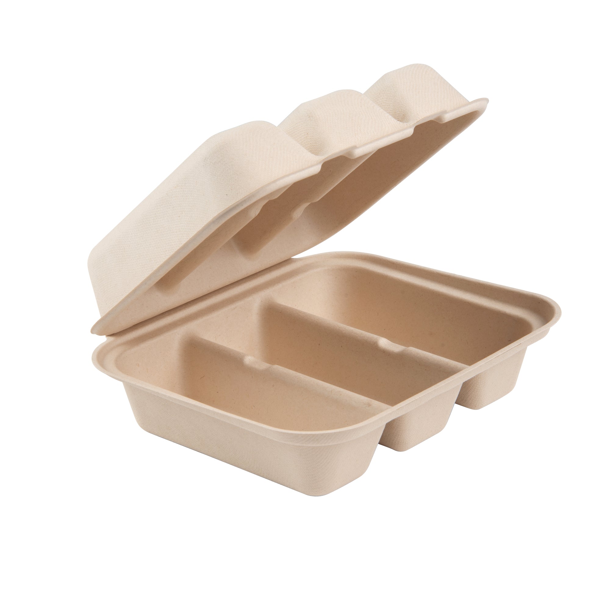 Pulp Safe No PFAS Added Kraft Sugarcane / Bagasse Taco Clamshell Container - Home Compostable, 3-Compartment - 8" x 7 1/4" - 100 count box