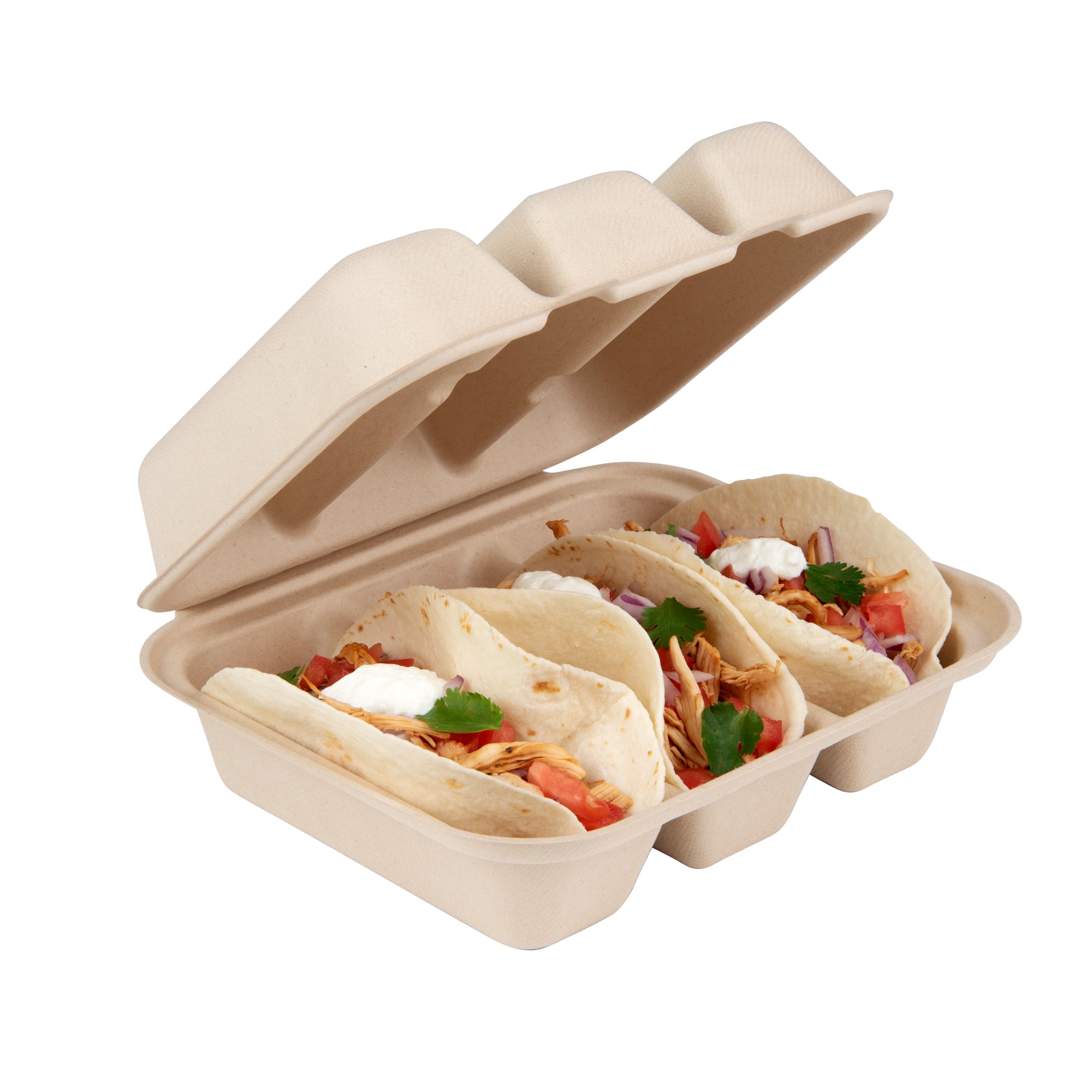 Pulp Safe No PFAS Added Kraft Sugarcane / Bagasse Taco Clamshell Container - Home Compostable, 3-Compartment - 8" x 7 1/4" - 100 count box