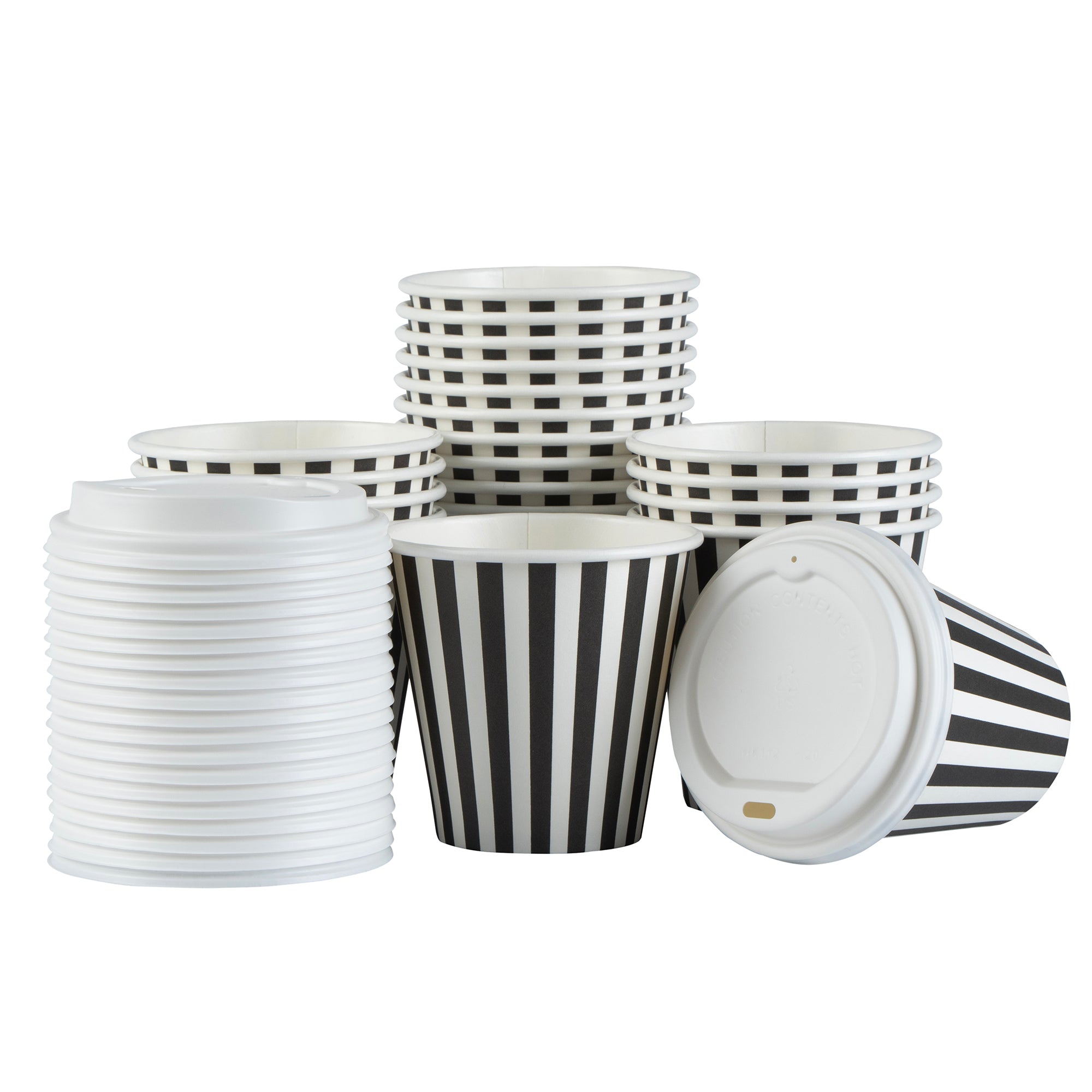 Restpresso 8 oz Black and White Stripe Paper Single Wall Coffee Cup - with White Lid - 3 1/2"x 3 1/2"x 4" - 400 count box