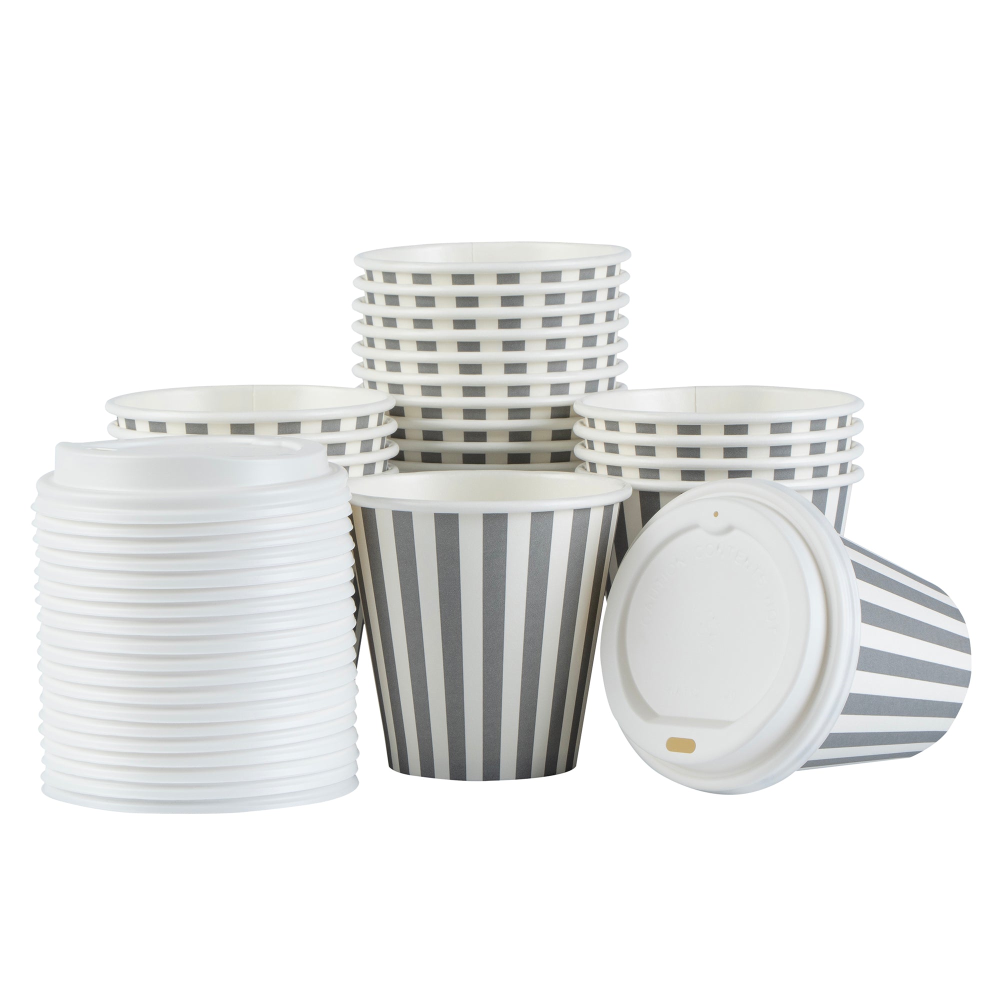 Restpresso 8 oz Gray and White Stripe Paper Single Wall Coffee Cup - with White Lid - 3 1/2"x 3 1/2"x 4" - 400 count box