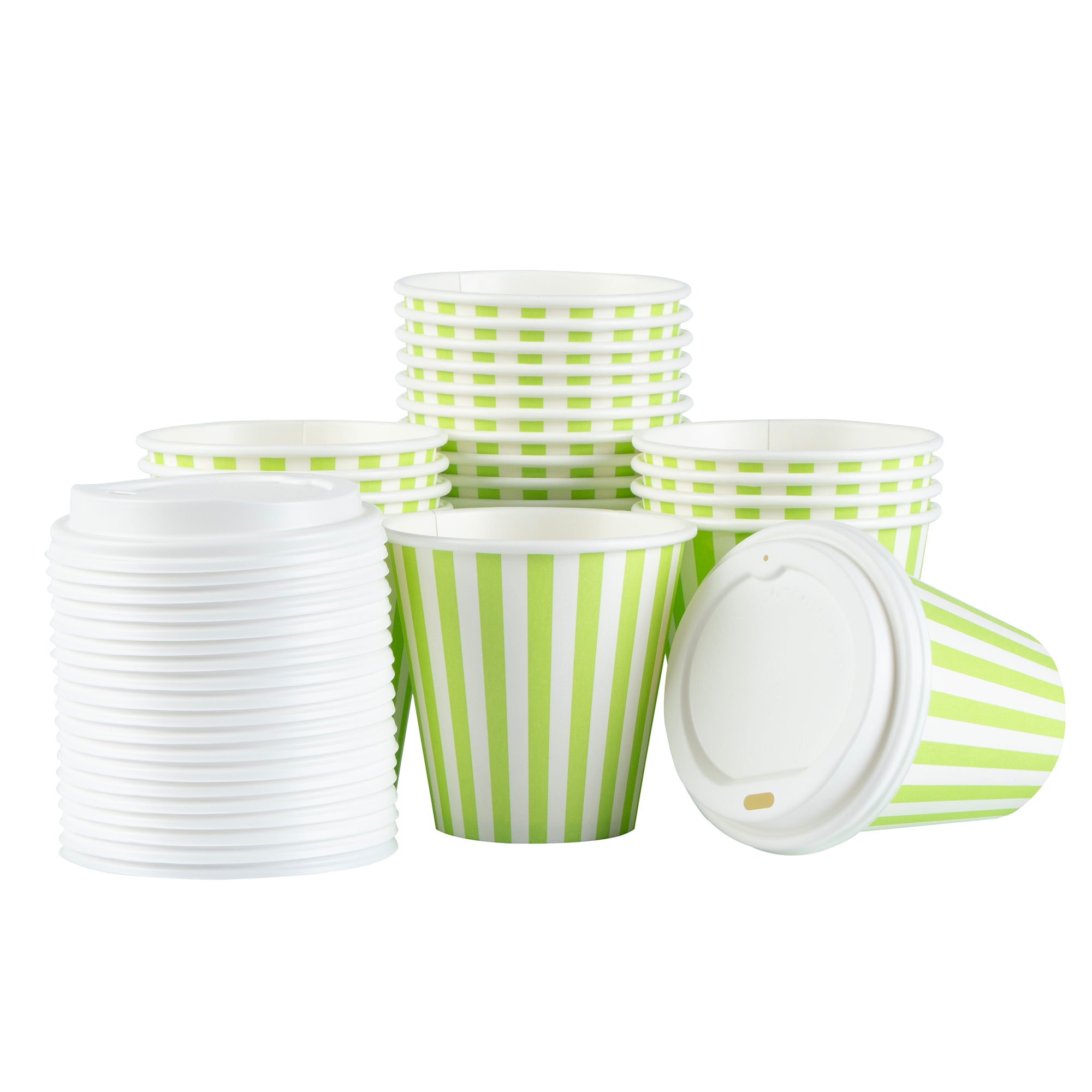 Restpresso 8 oz Green and White Stripe Paper Single Wall Coffee Cup - with White Lid - 3 1/2"x 3 1/2"x 4" - 400 count box