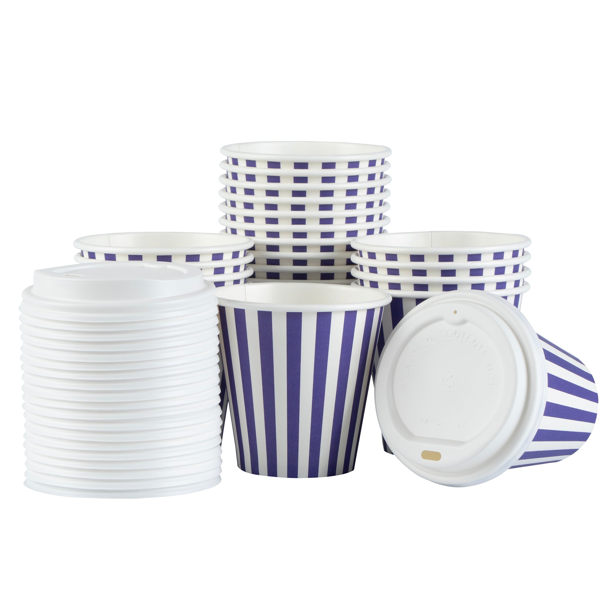 Restpresso 8 oz Purple and White Stripe Paper Single Wall Coffee Cup - with White Lid - 3 1/2"x 3 1/2"x 4" - 400 count box