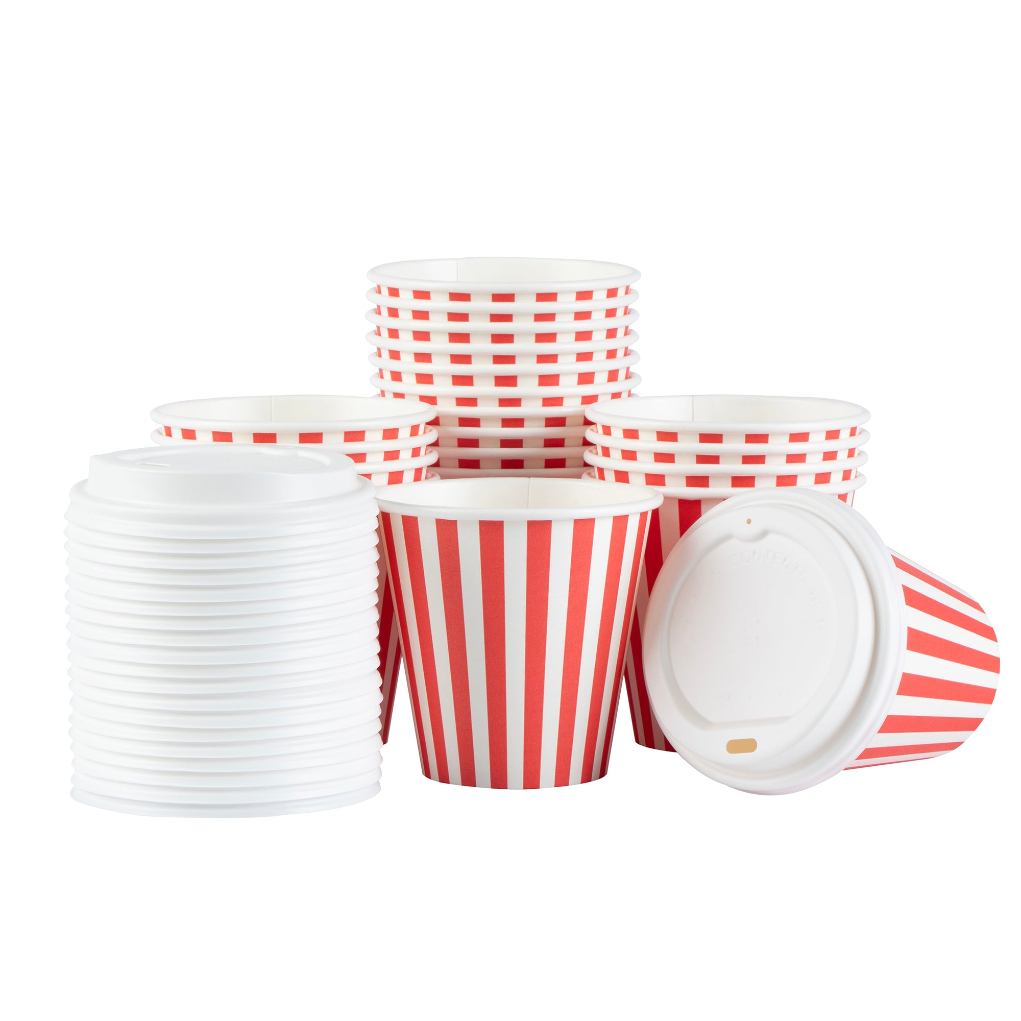 Restpresso 8 oz Red and White Stripe Paper Single Wall Coffee Cup - with White Lid - 3 1/2"x 3 1/2"x 4" - 400 count box