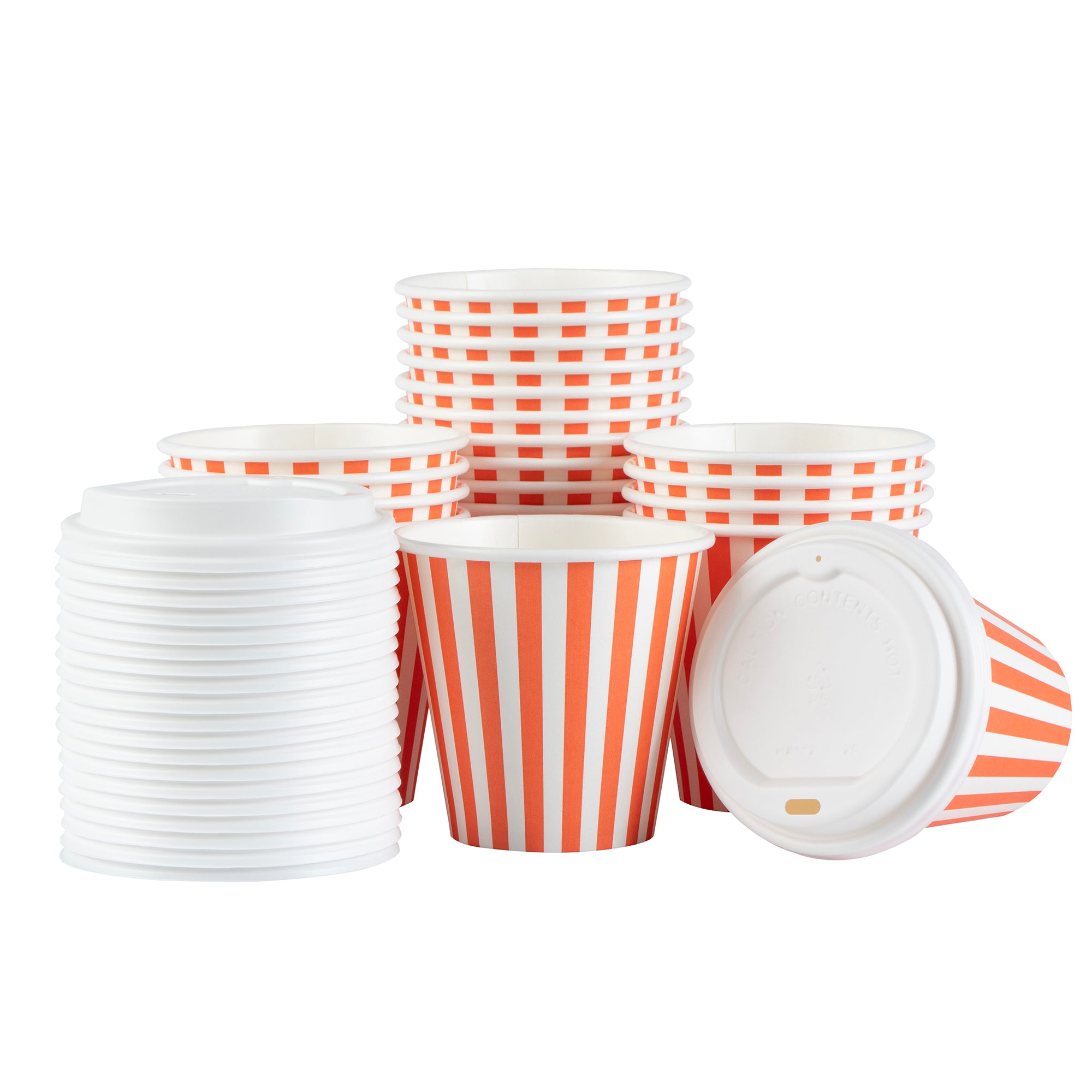 Restpresso 8 oz Orange and White Stripe Paper Single Wall Coffee Cup - with White Lid - 3 1/2"x 3 1/2"x 4" - 400 count box