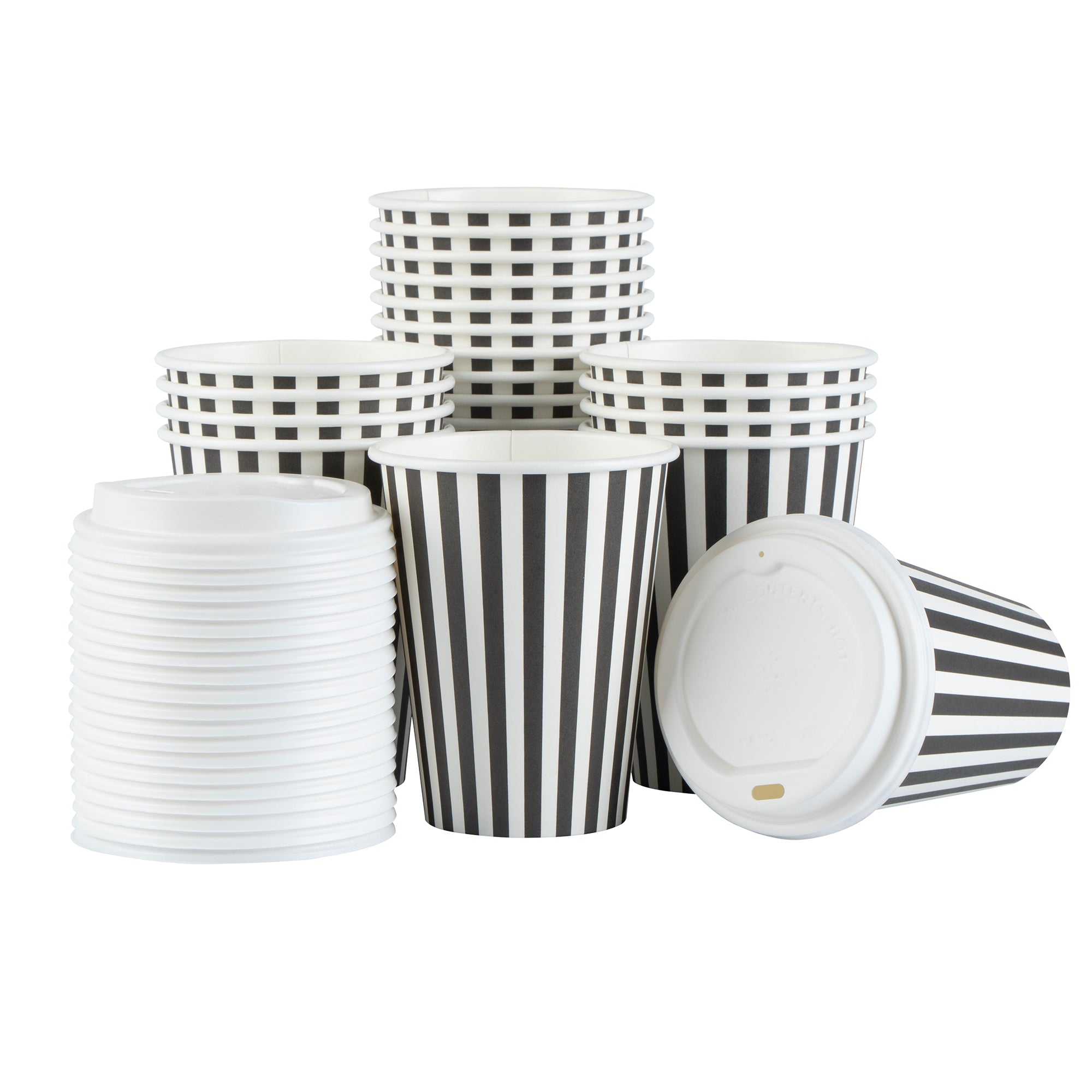 Restpresso 12 oz Black and White Stripe Paper Single Wall Coffee Cup - with White Lid - 3 1/2"x 3 1/2"x 4 3/4" - 400 count box