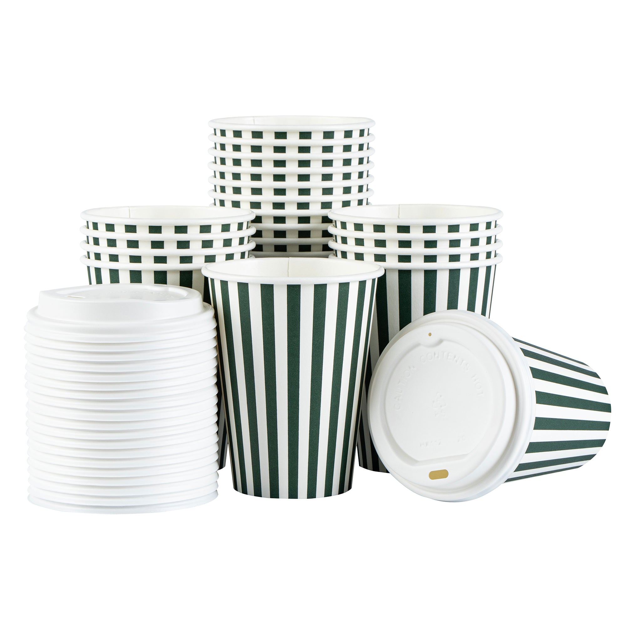 Restpresso 12 oz Forest Green and White Stripe Paper Single Wall Coffee Cup - with White Lid - 3 1/2"x 3 1/2"x 4 3/4" - 400 count box