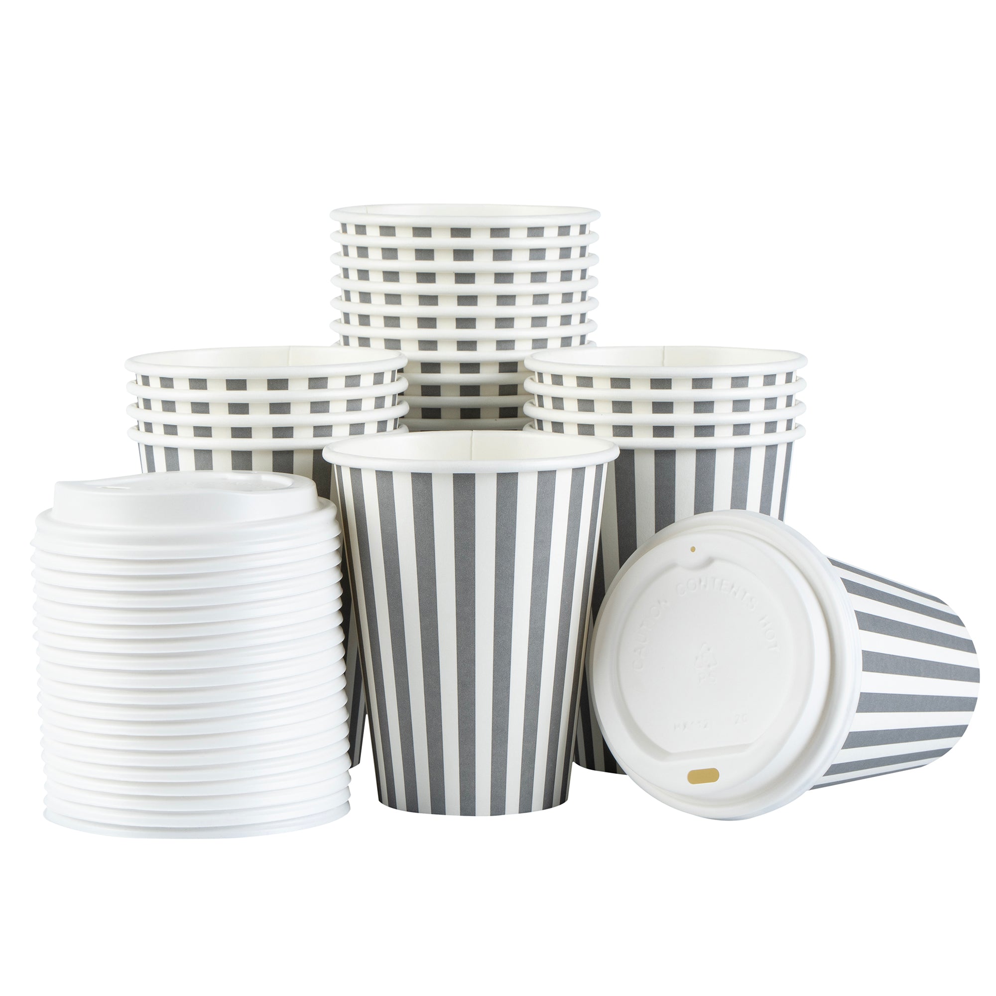 Restpresso 12 oz Gray and White Stripe Paper Single Wall Coffee Cup - with White Lid - 3 1/2"x 3 1/2"x 4 3/4" - 400 count box