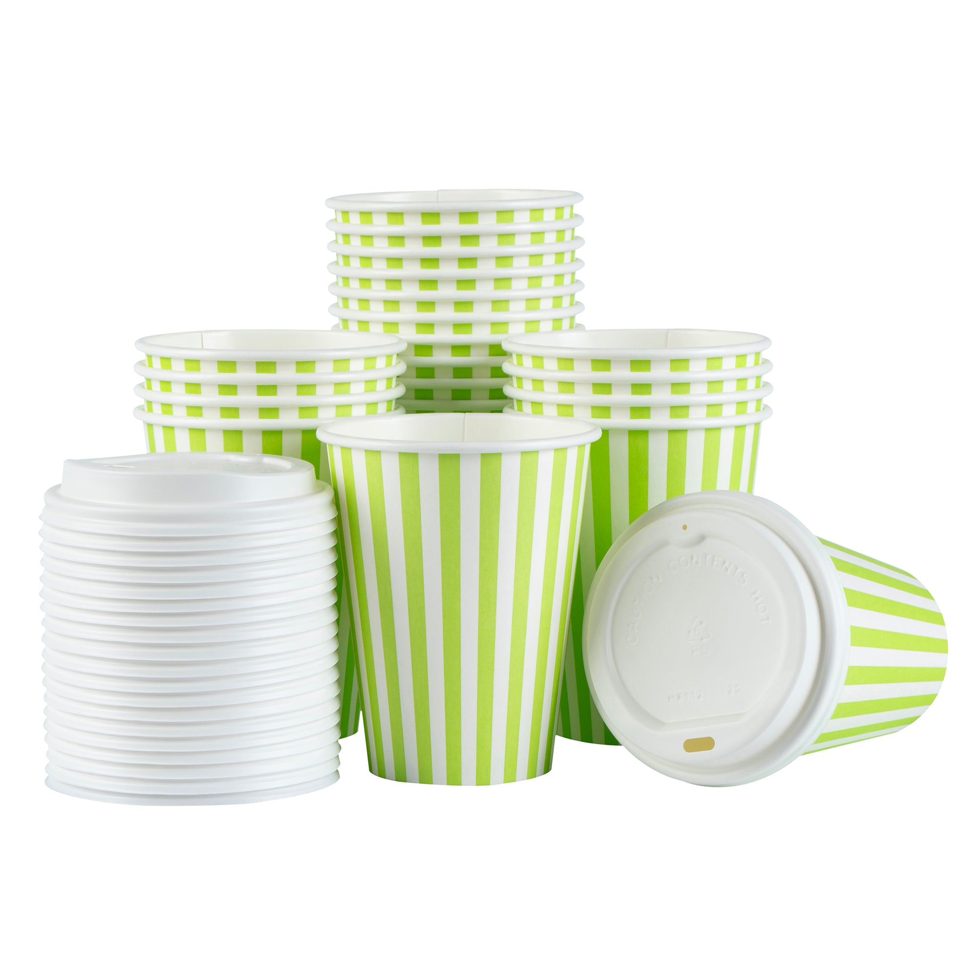 Restpresso 12 oz Green and White Stripe Paper Single Wall Coffee Cup - with White Lid - 3 1/2"x 3 1/2"x 4 3/4" - 400 count box