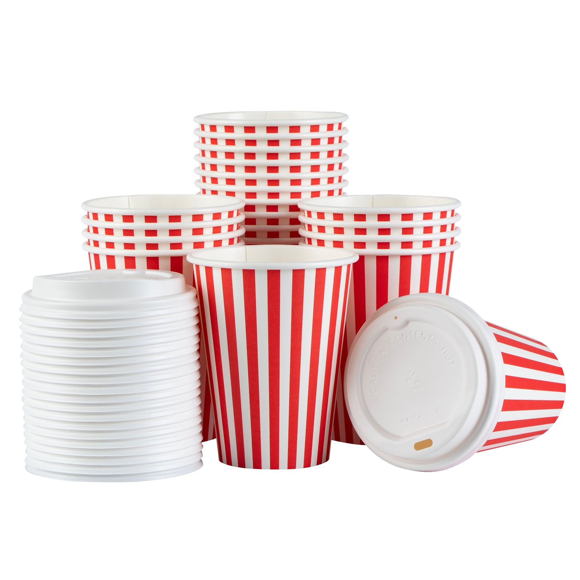 Restpresso 12 oz Red and White Stripe Paper Single Wall Coffee Cup - with White Lid - 3 1/2"x 3 1/2"x 4 3/4" - 400 count box