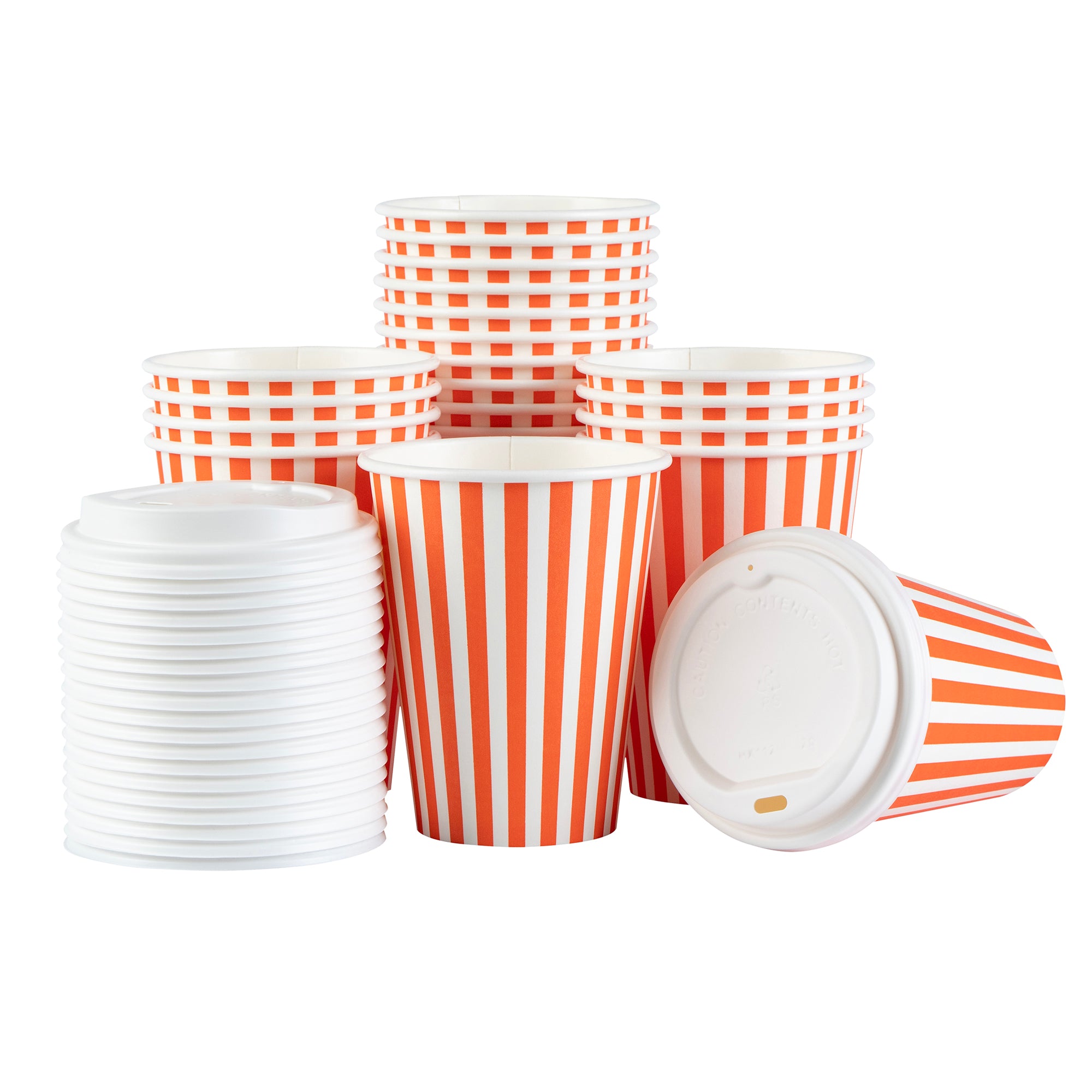 Restpresso 12 oz Orange and White Stripe Paper Single Wall Coffee Cup - with White Lid - 3 1/2"x 3 1/2"x 4 3/4" - 400 count box